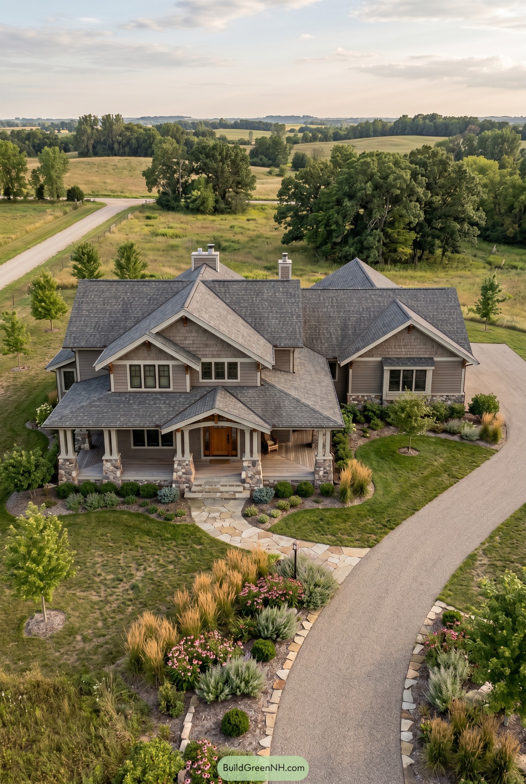 Large modern craftsman house with layered gray gables and a curved driveway