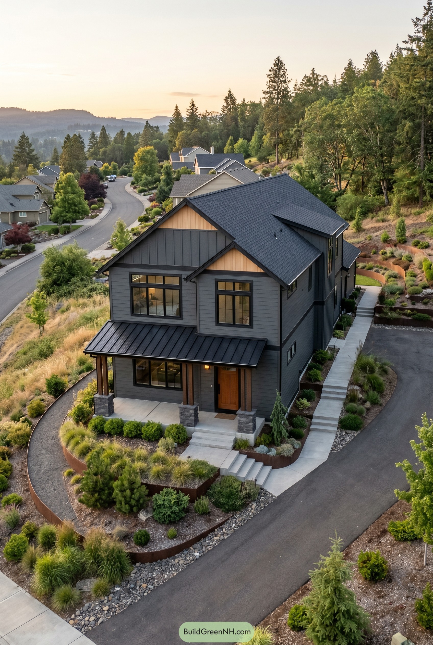 Dark gray modern craftsman on a landscaped hillside