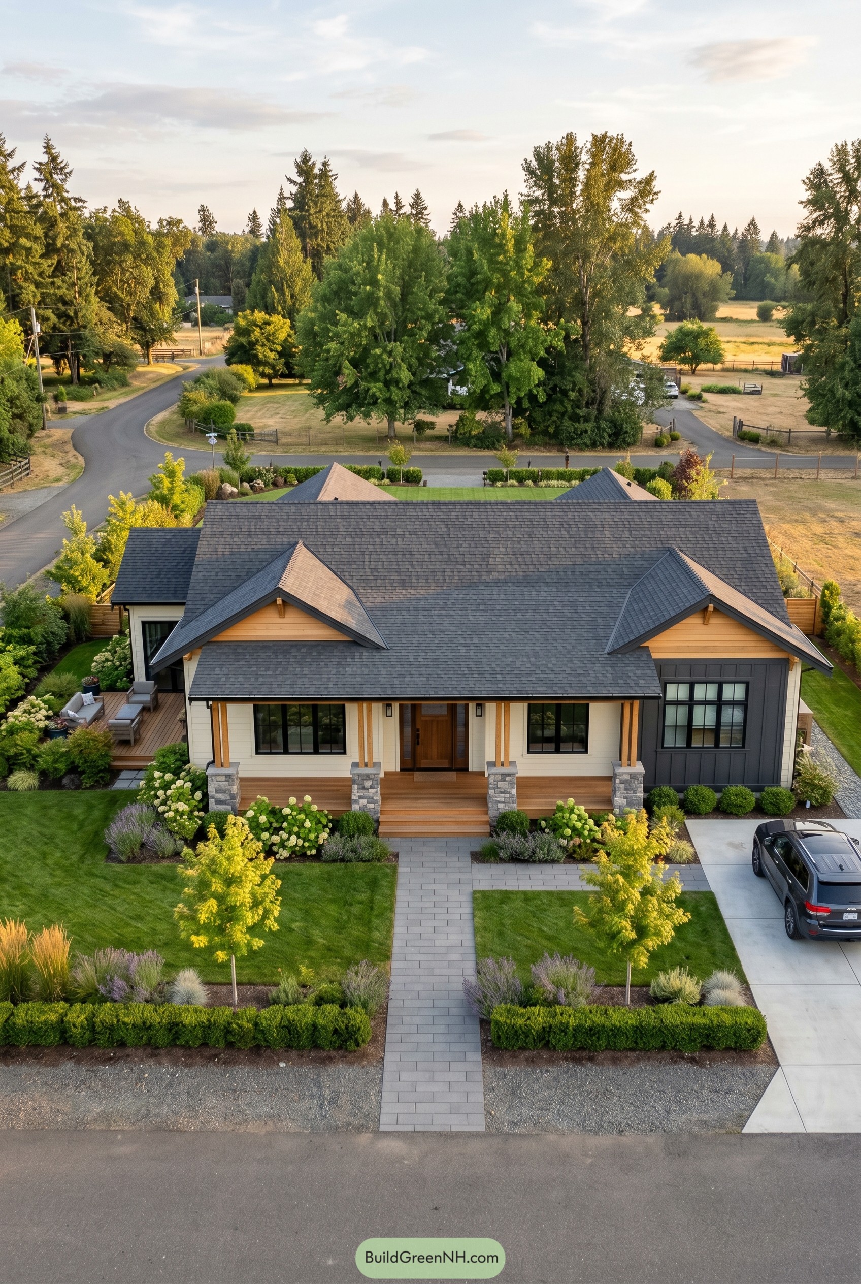 Modern craftsman house with broad gables and stone porch