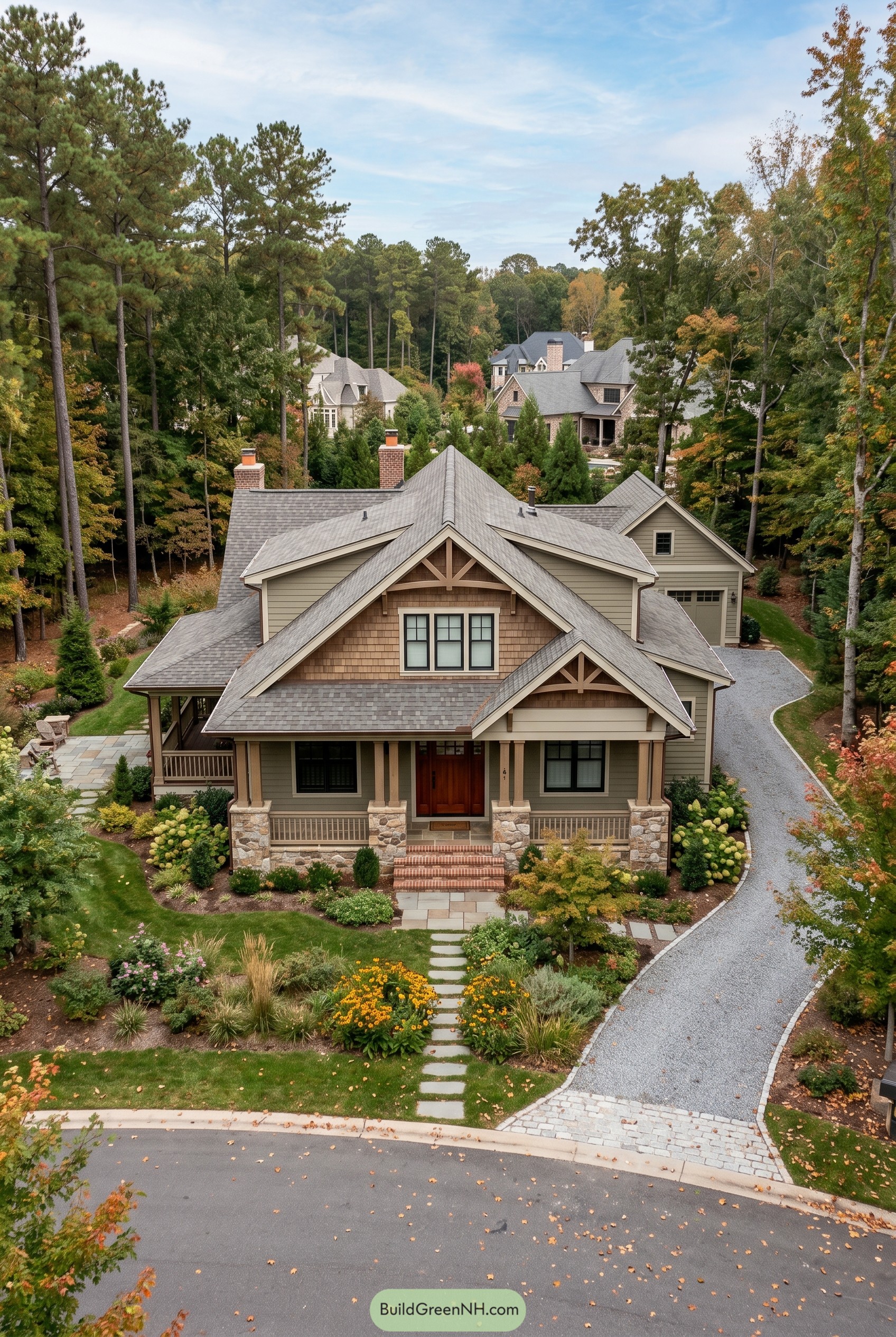 Modern craftsman home with layered gables and stone porch
