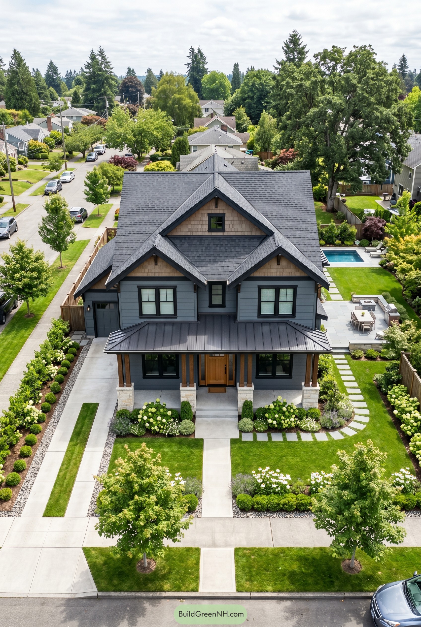 Modern craftsman home with layered gables and metal porch roof