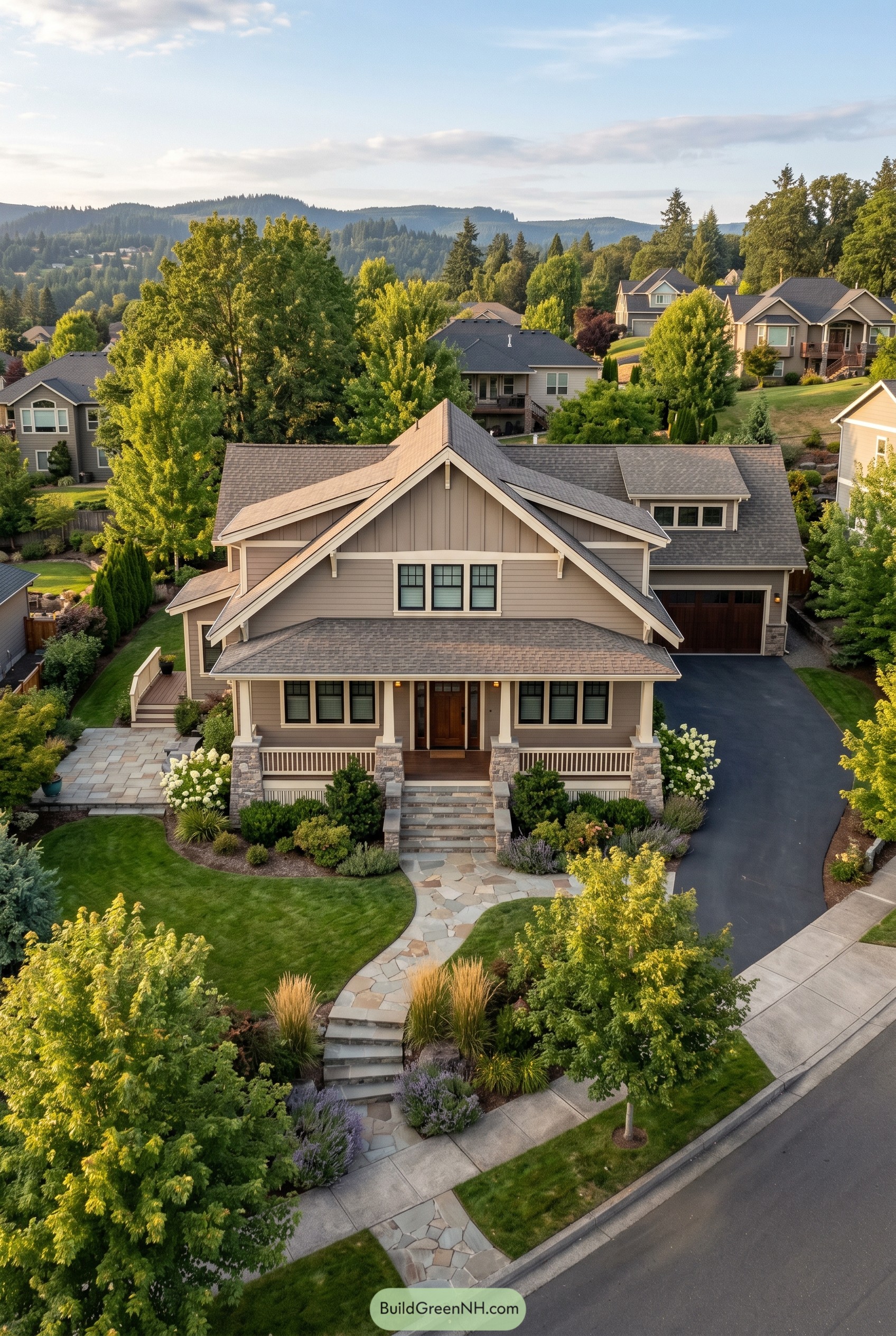 Taupe craftsman house with broad front gables