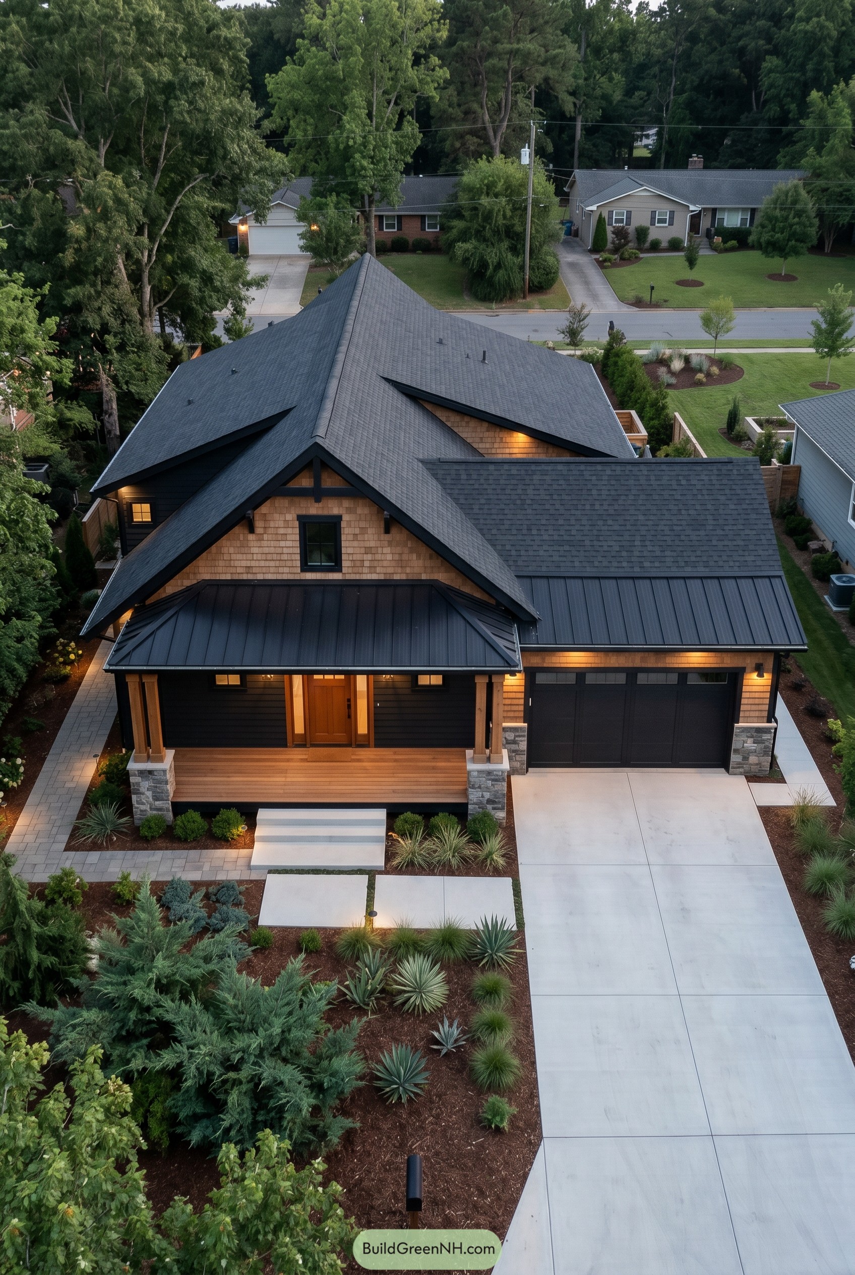 Modern craftsman house with dark gables and cedar shingles