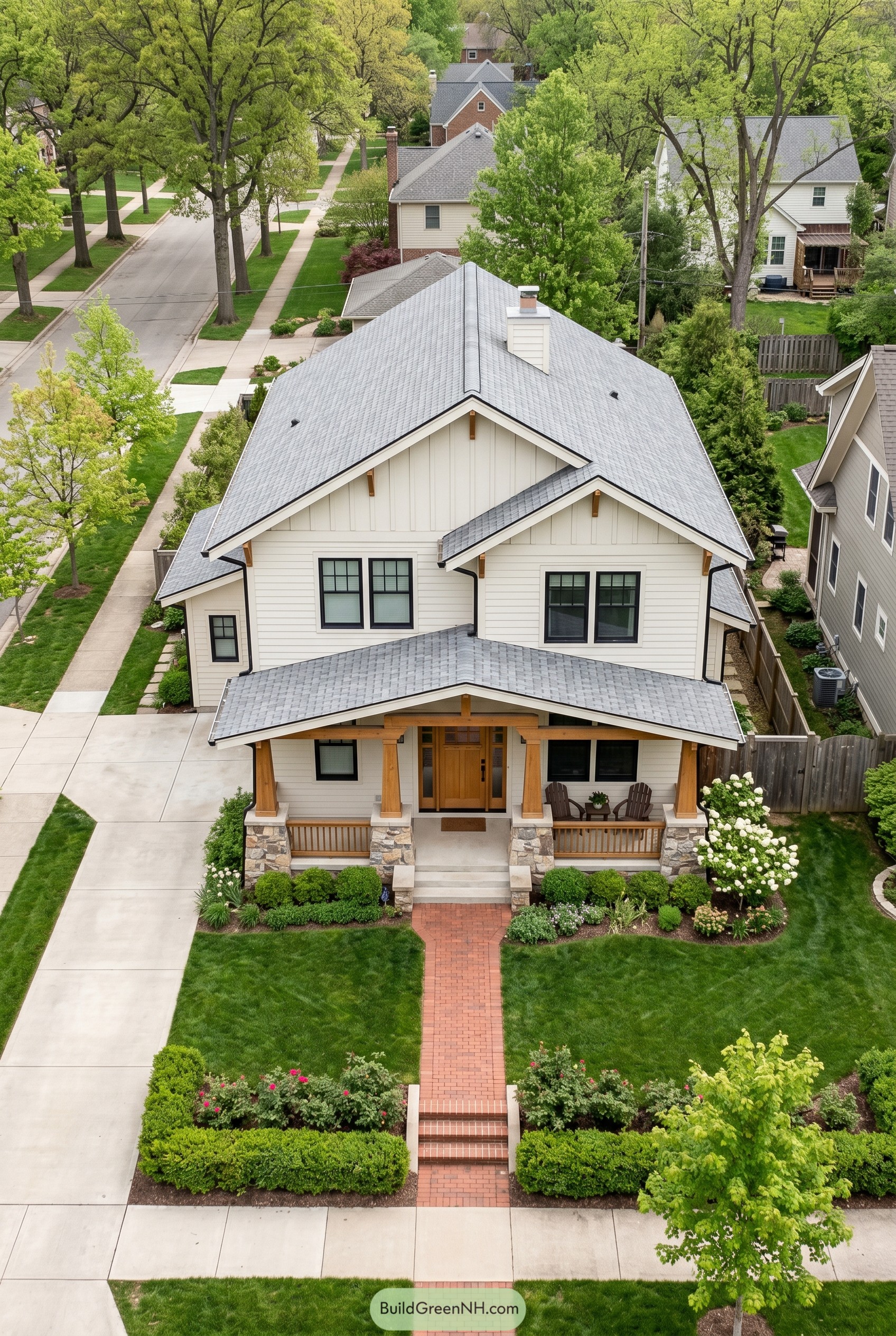 White modern craftsman house with broad porch