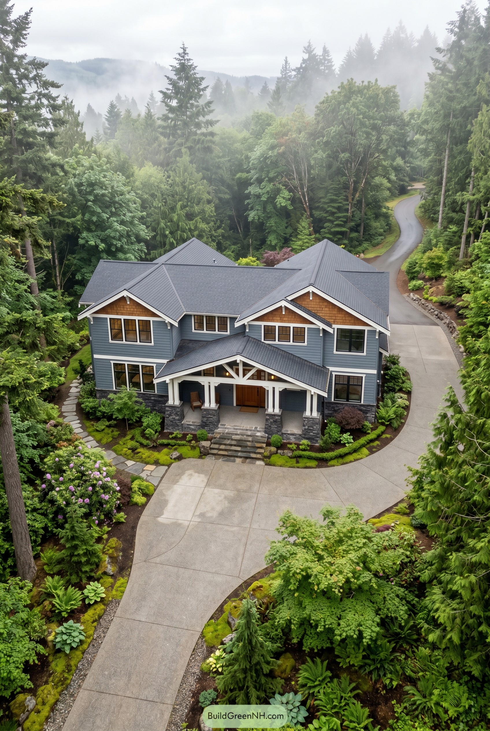 Blue gray craftsman home with forested drive