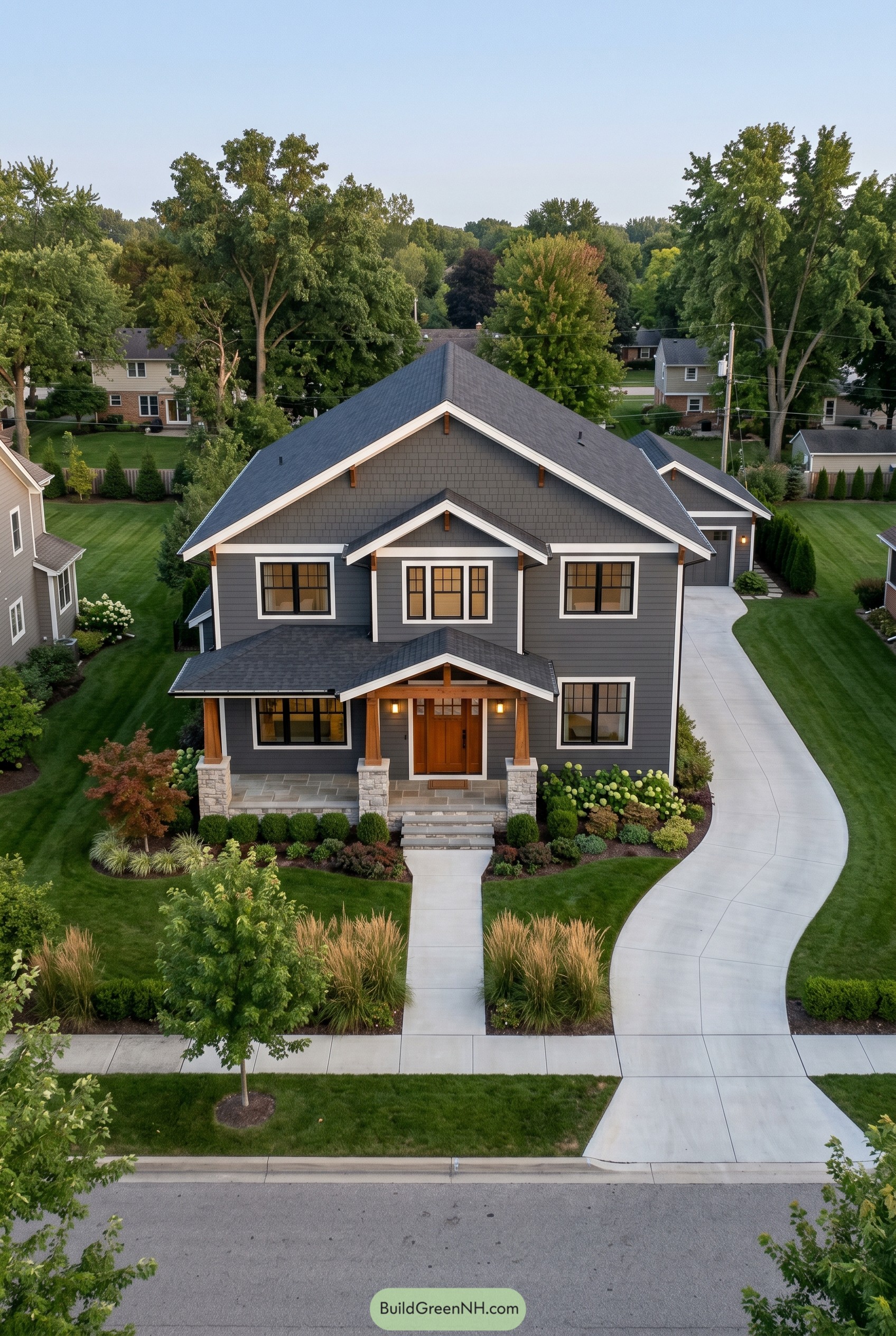 Gray modern craftsman house with layered gables and stone porch