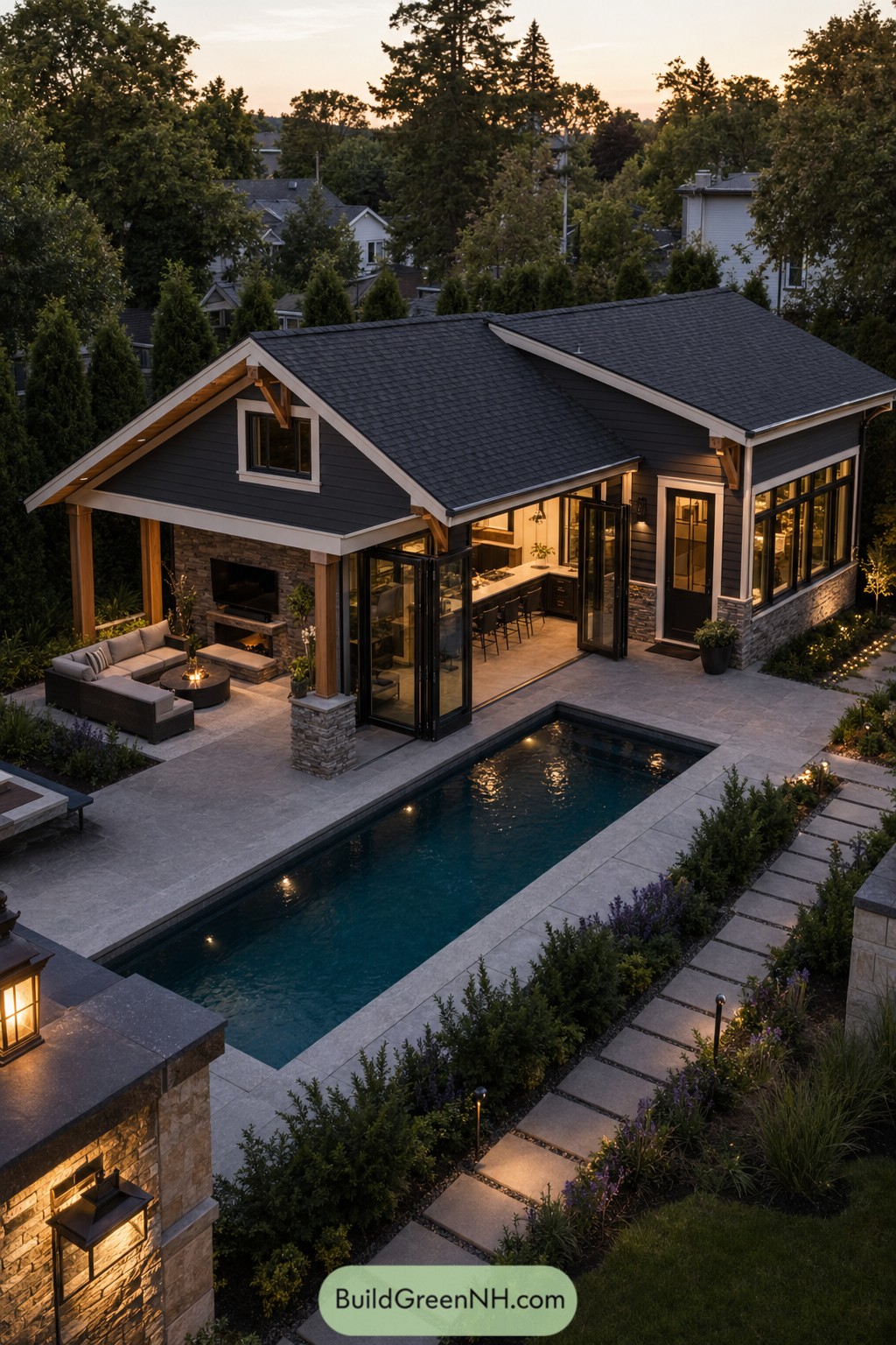 Modern craftsman pool house with lap pool