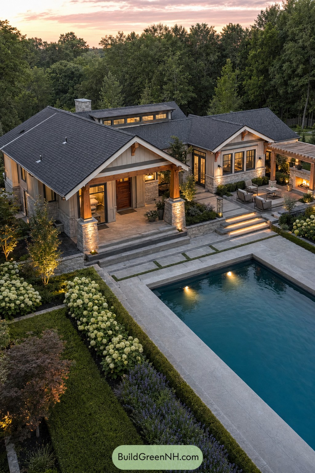 Modern craftsman pool house with stone porch pergola and rectangular pool