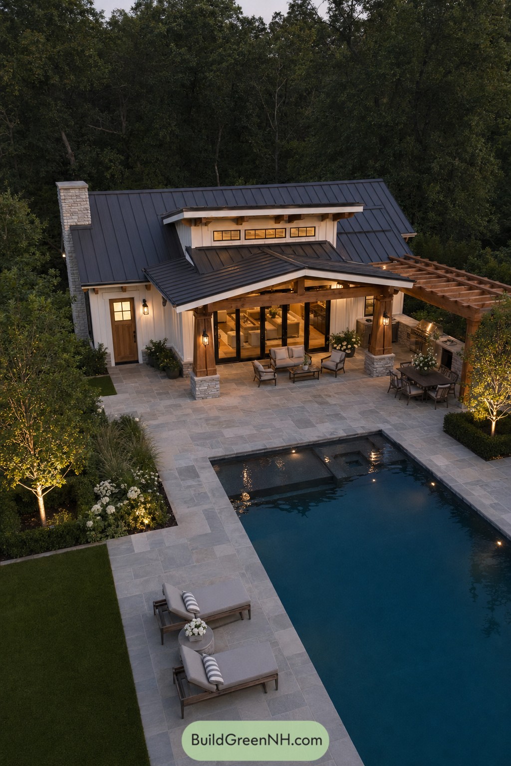 Modern craftsman pool house with pergola and dark metal roof