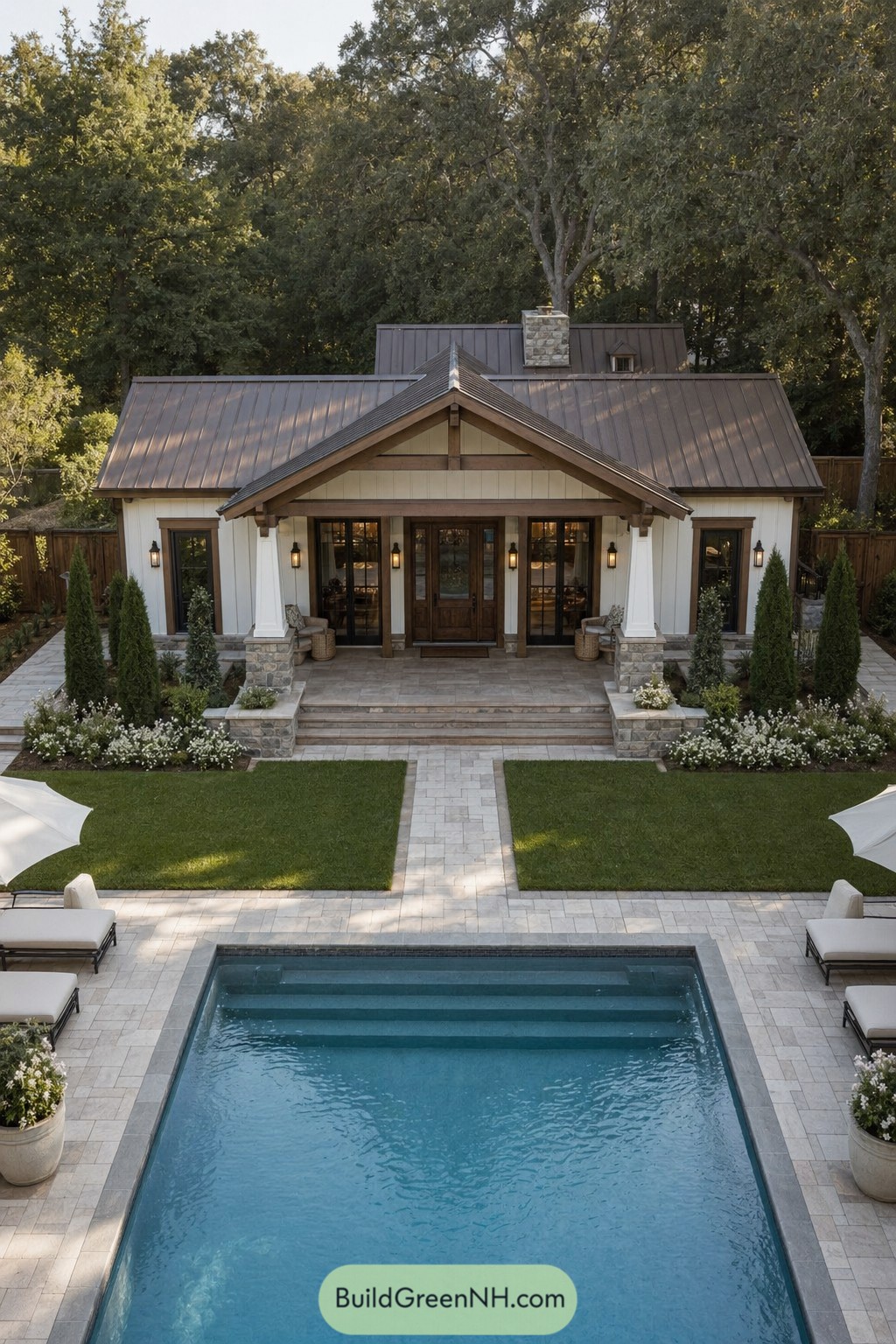 Craftsman pool house with gabled porch and rectangular pool