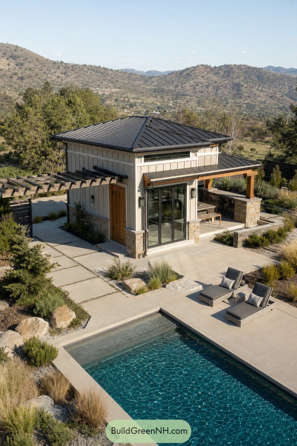 Modern craftsman pool house beside lap pool