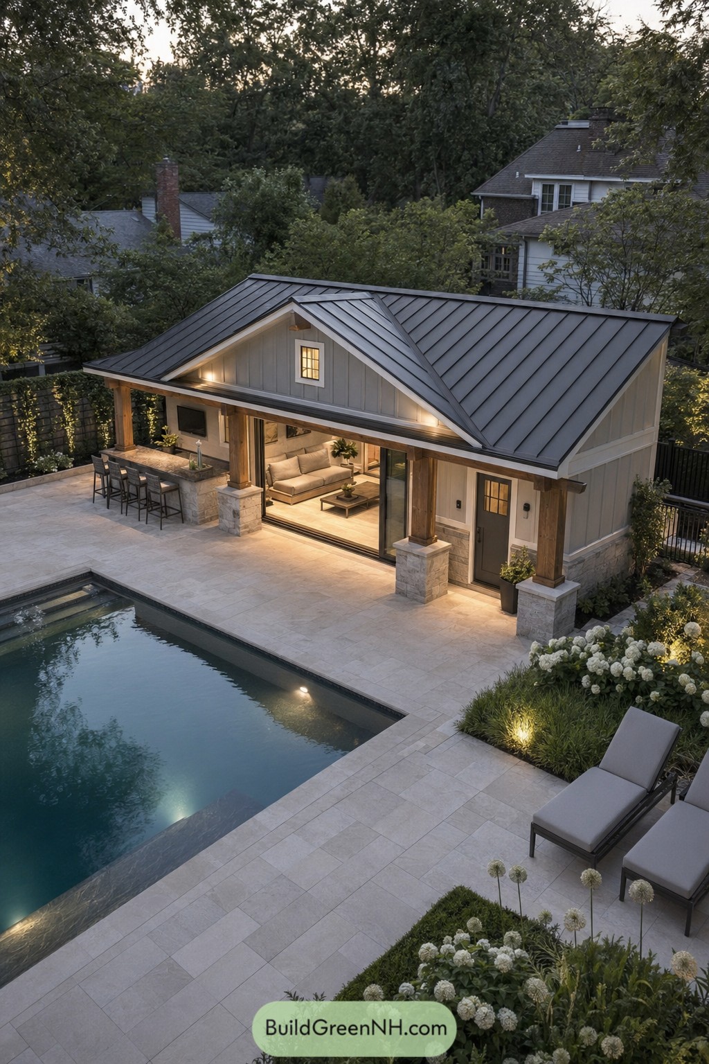 Modern craftsman pool house with metal roof patio bar and sliding doors