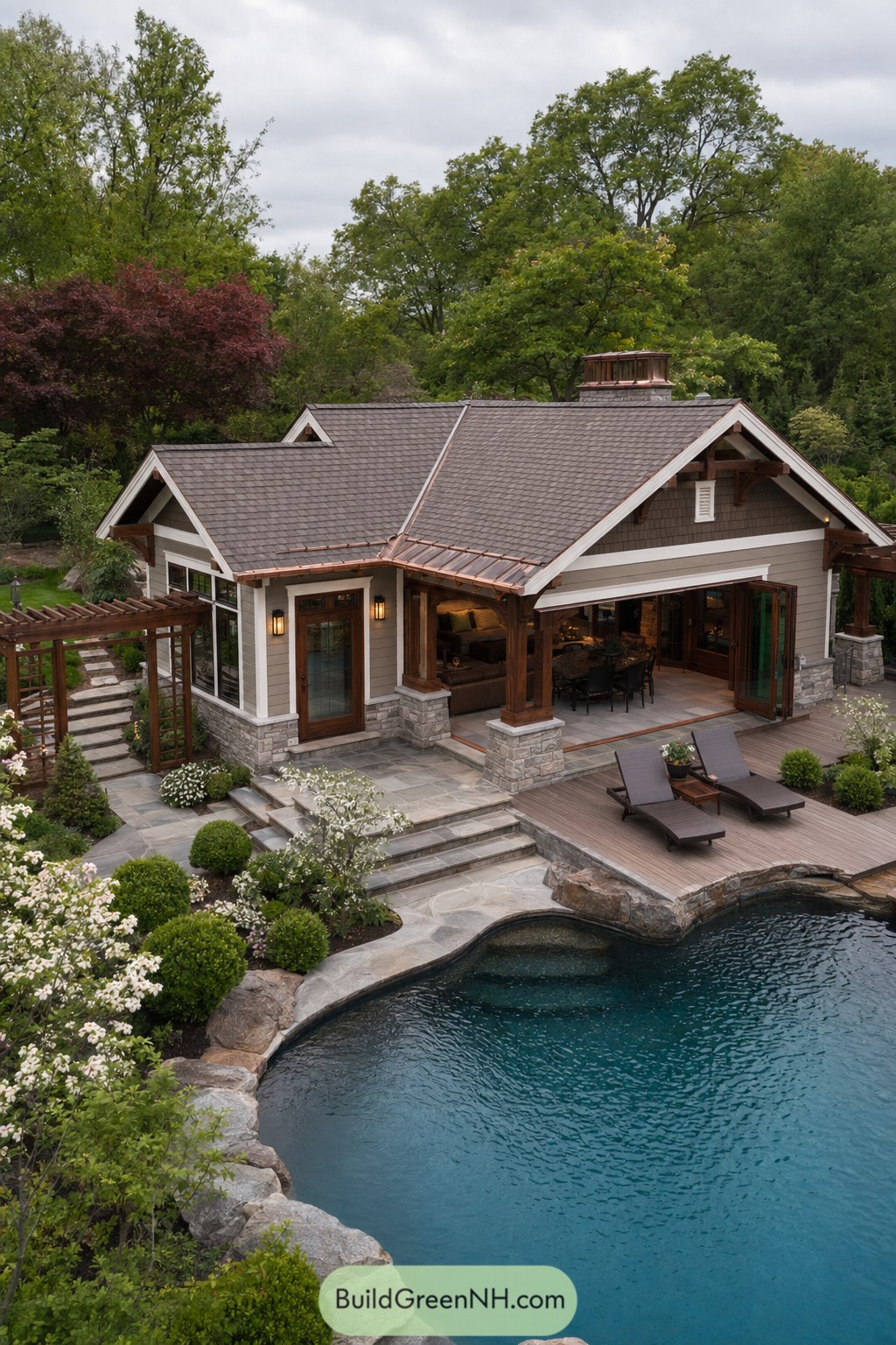 Craftsman pool house with stone terrace by a freeform pool