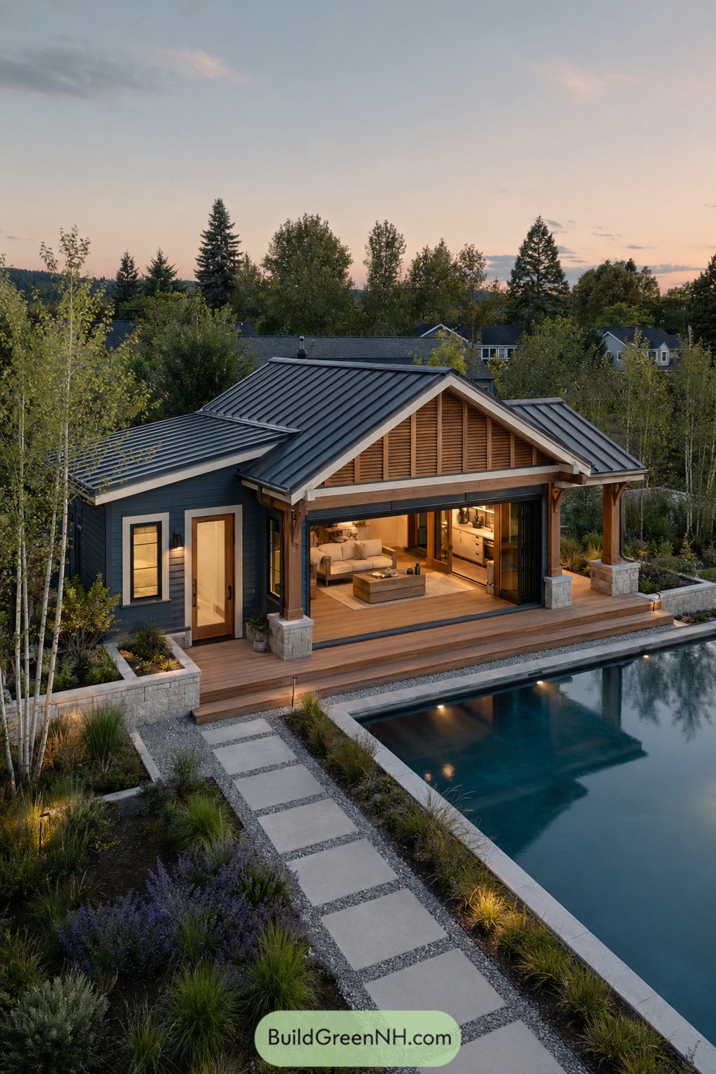 Modern craftsman pool house with metal roof