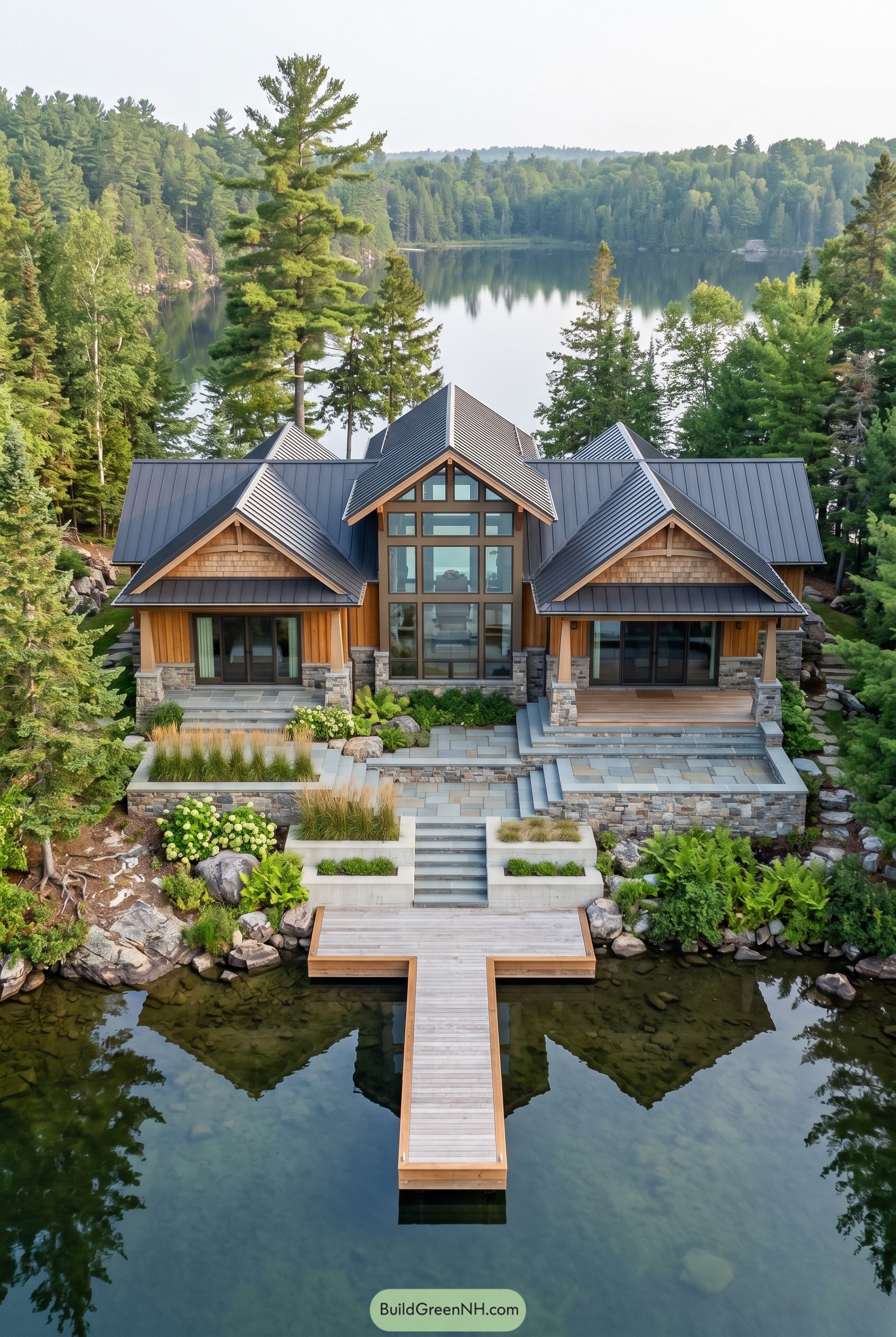 Modern craftsman lake house with dock