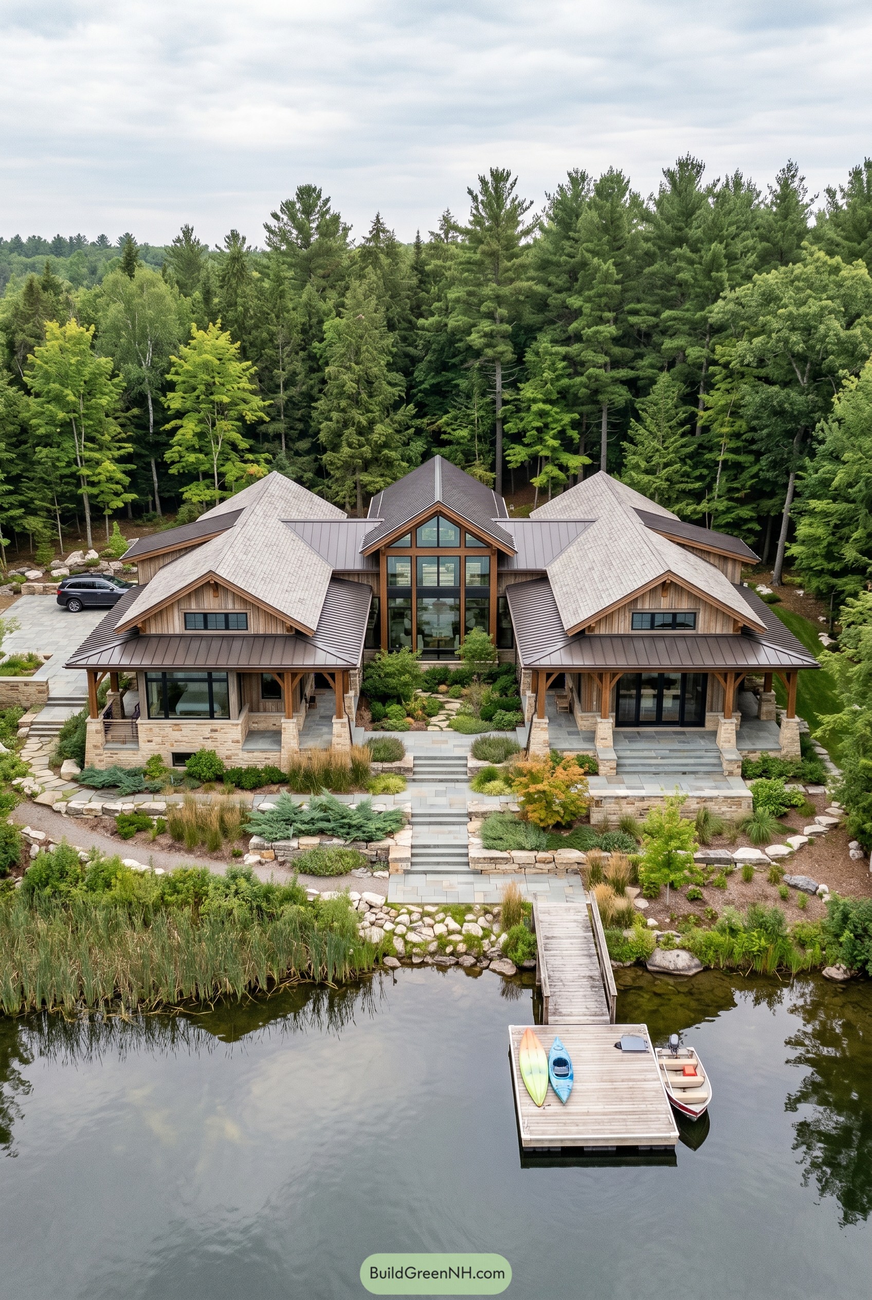 Modern craftsman lake house with glass atrium and dock