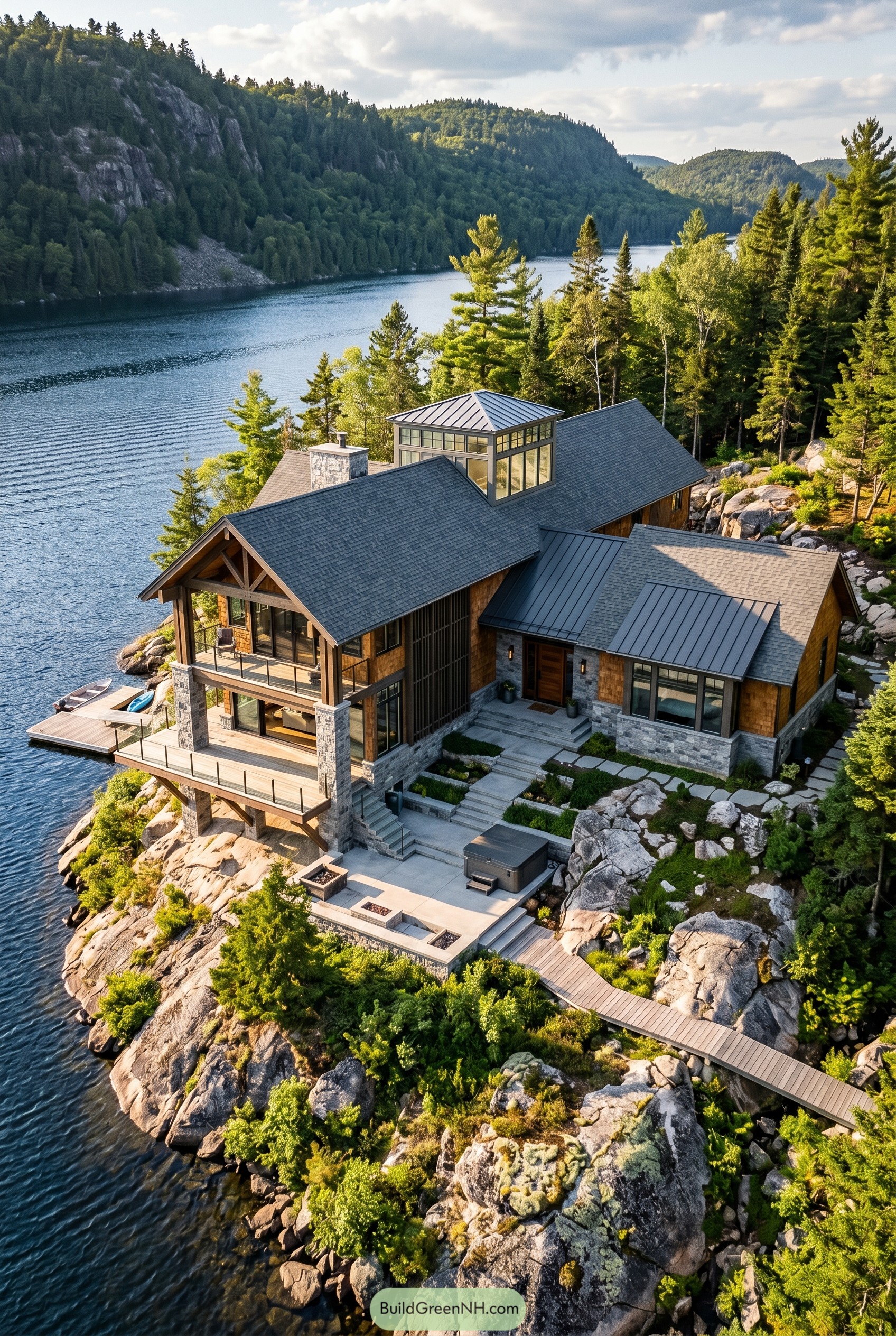 Modern craftsman lake house on rocky shore with atrium