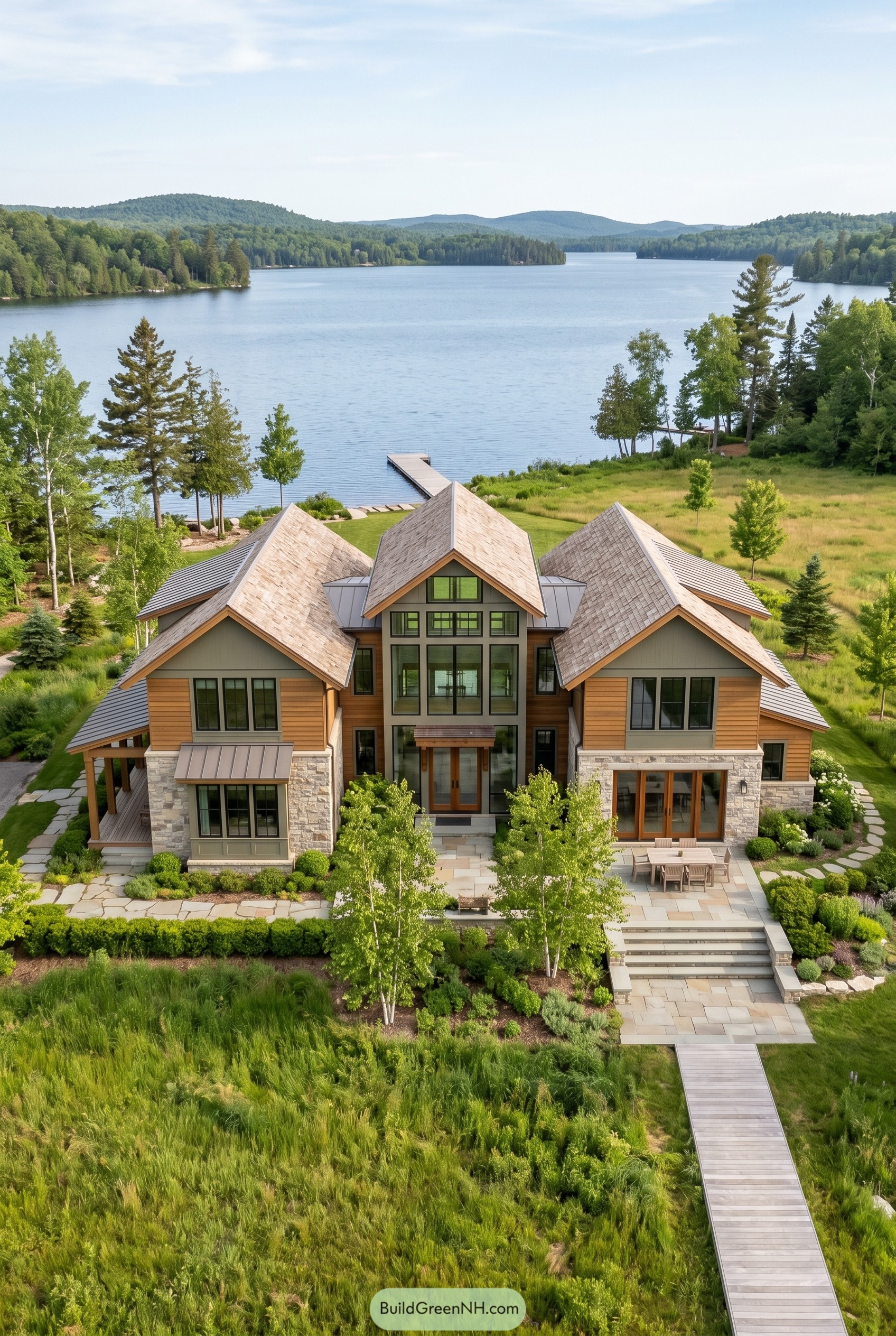 Modern craftsman lake house with glazed atrium and dock