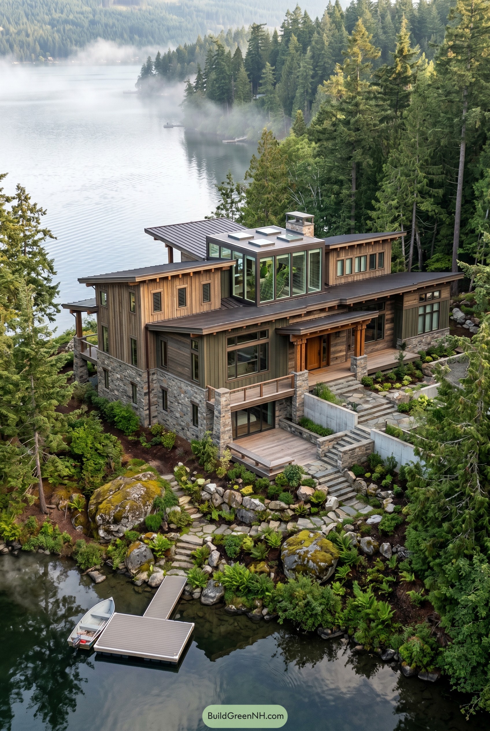 Modern craftsman lake house with glass atrium