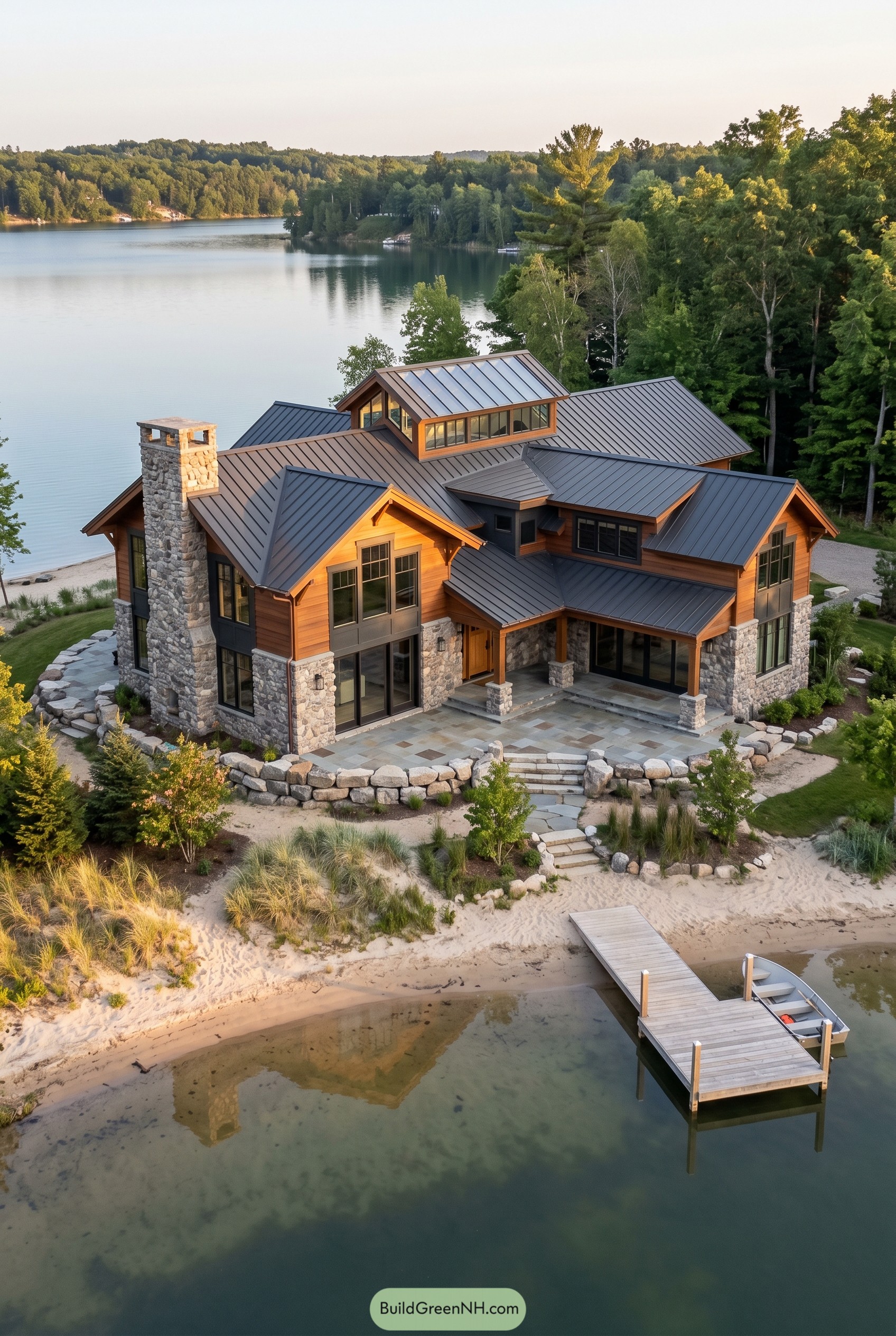 Modern craftsman lake house with stone chimney and dock