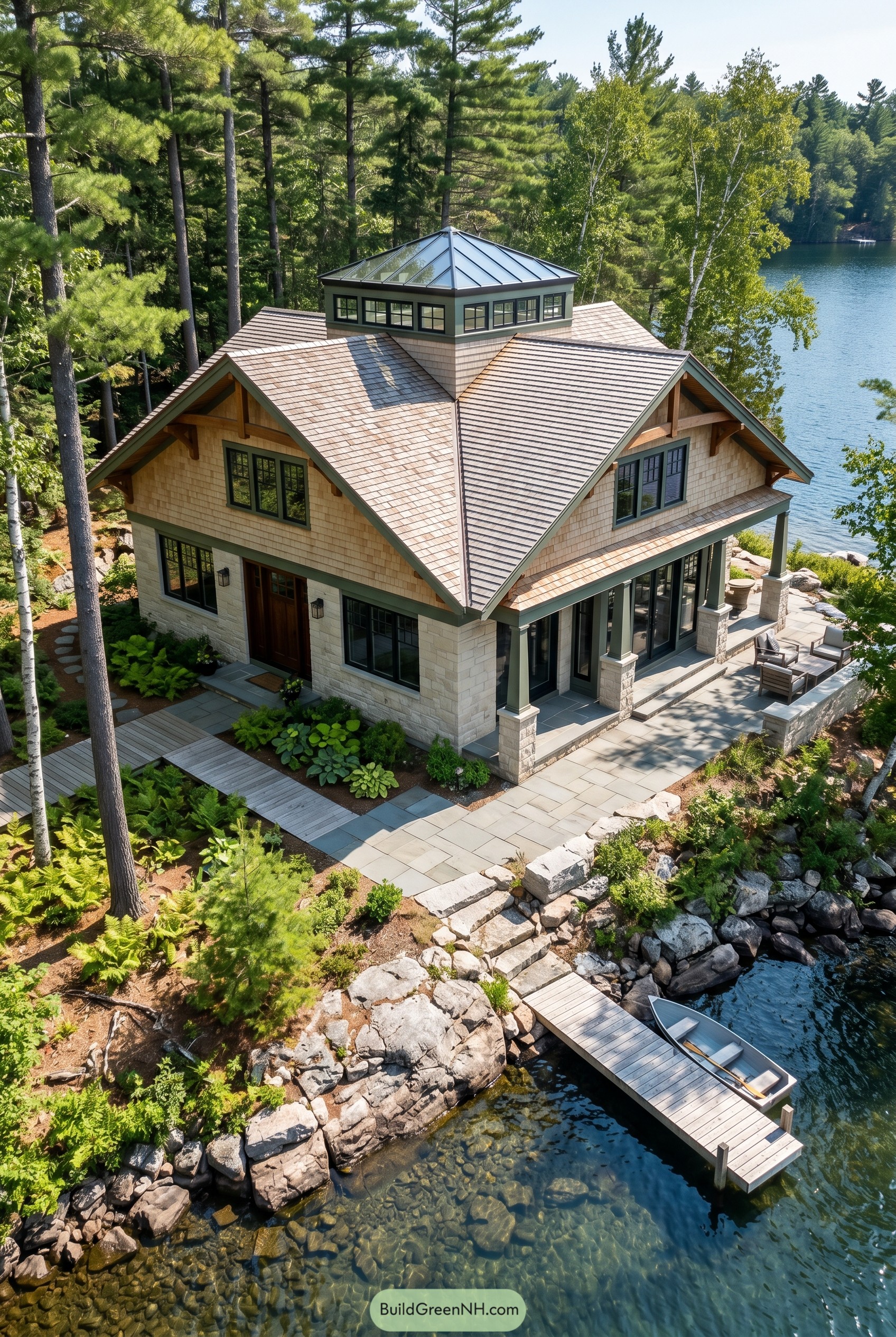 Craftsman lake house with rooftop atrium and dock