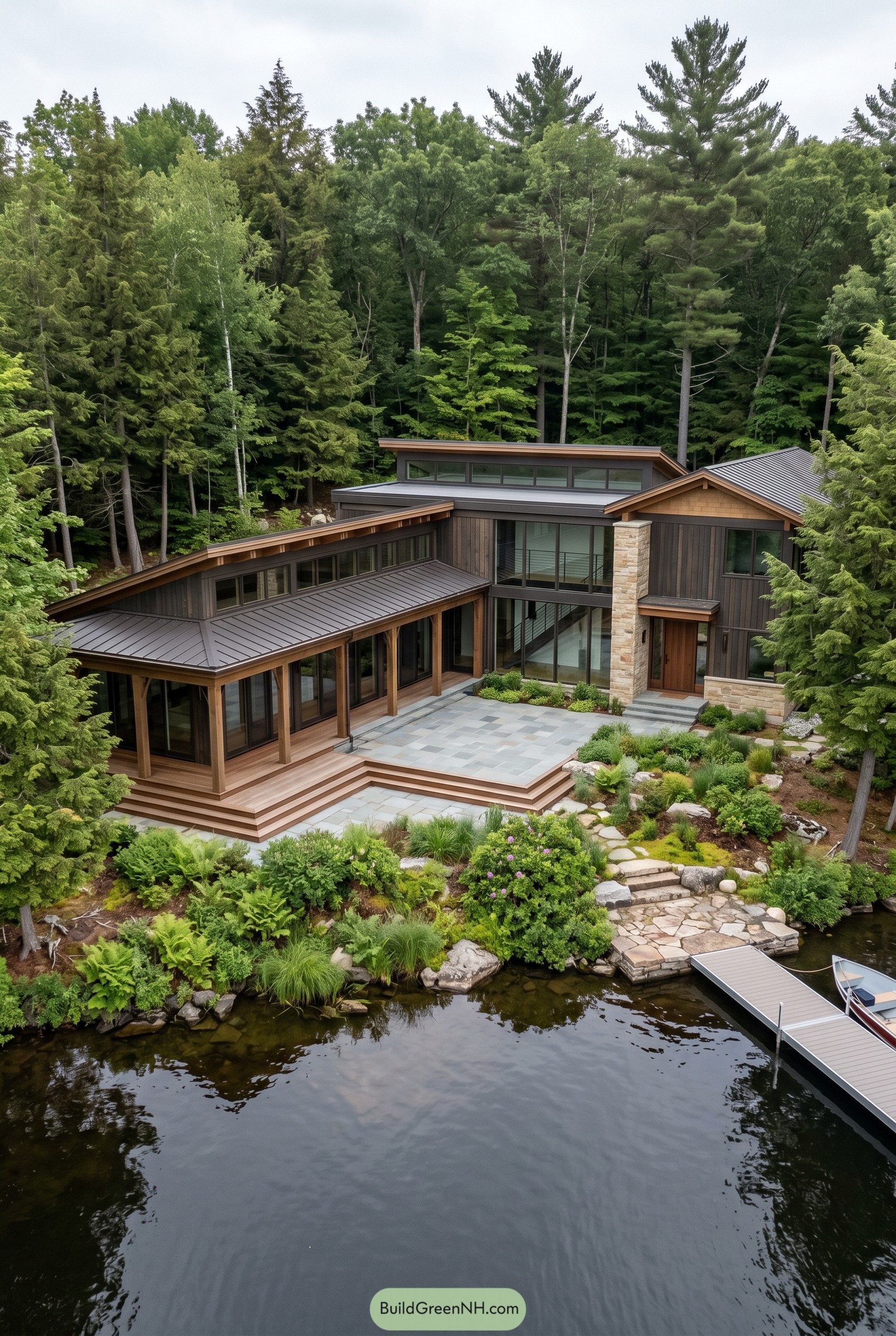 Modern craftsman lake house with atrium courtyard and dock