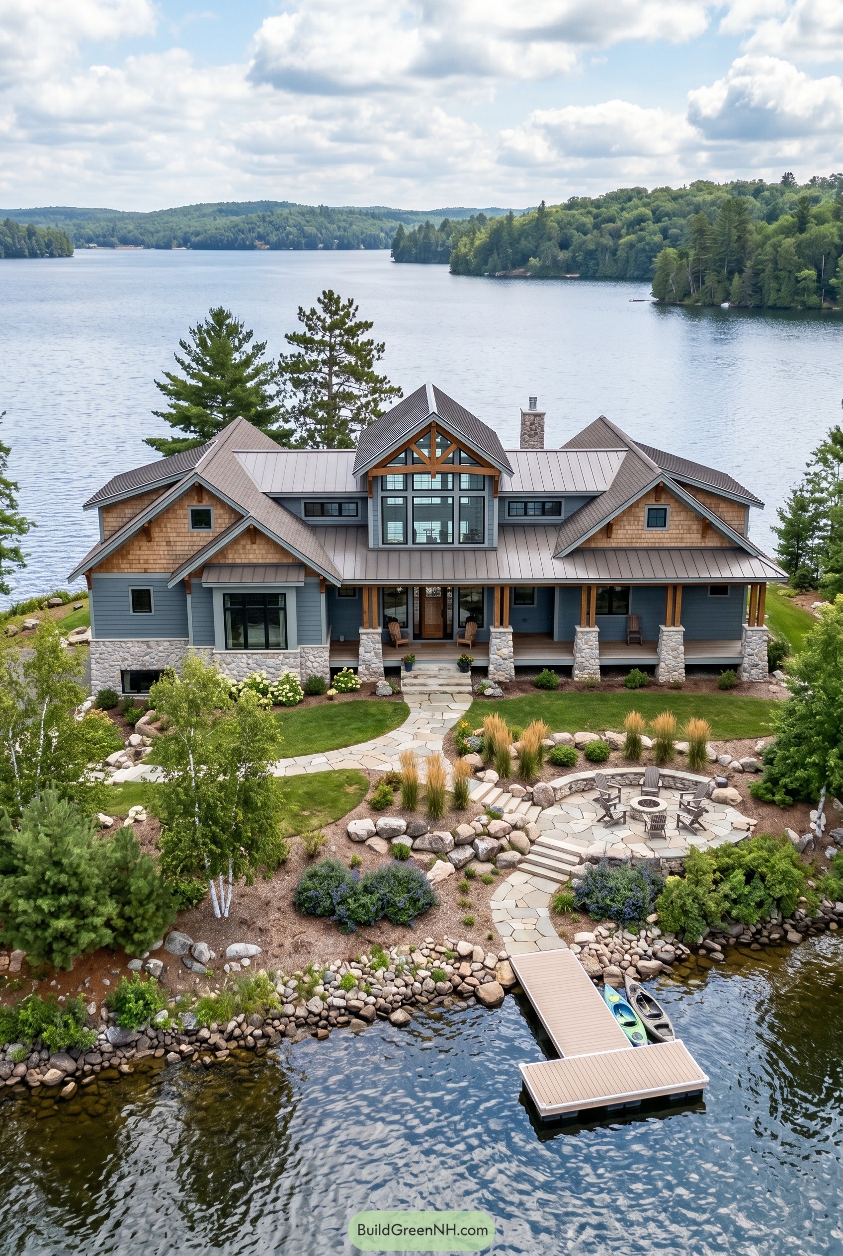 Modern craftsman lake house with stone porch and dock