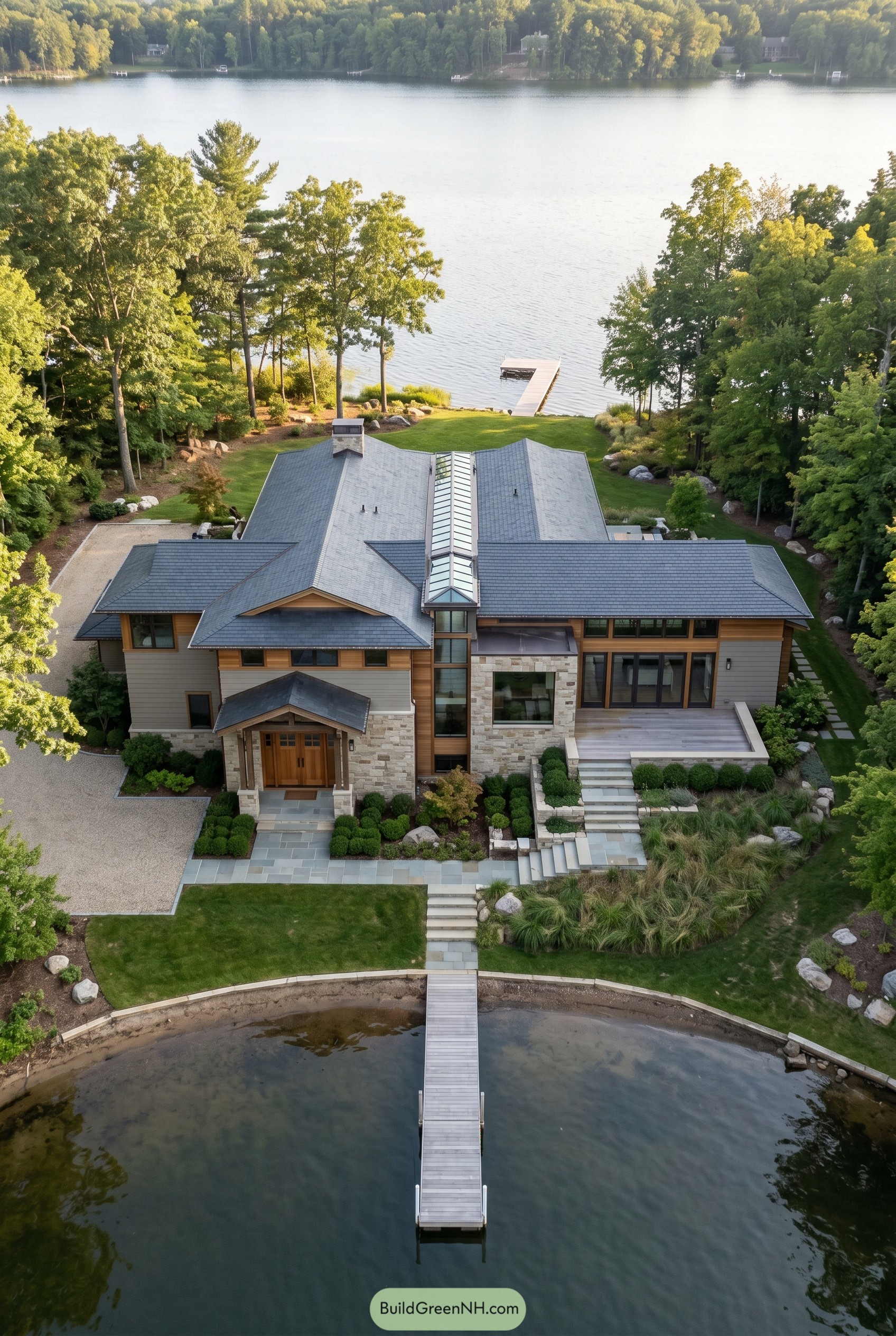 Aerial view of craftsman lake house with atrium and dock