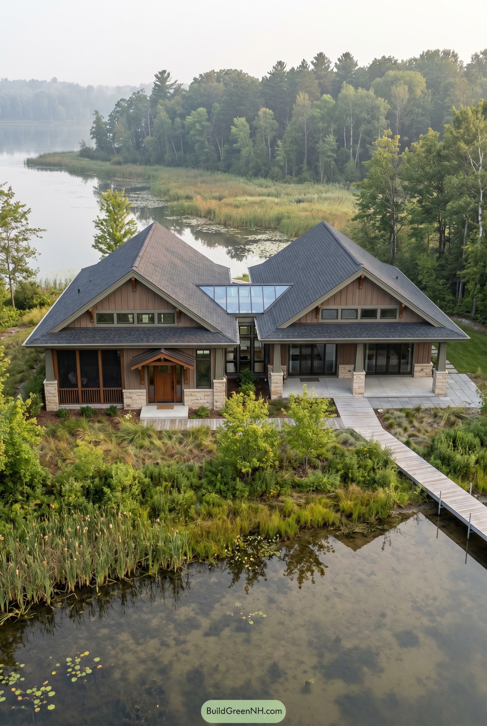 Craftsman lake house with central glass atrium