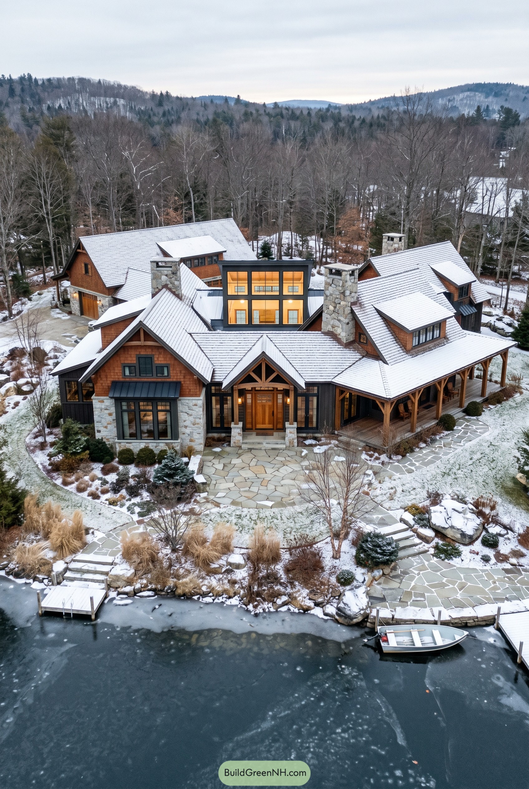 Snowy craftsman lake house with central atrium