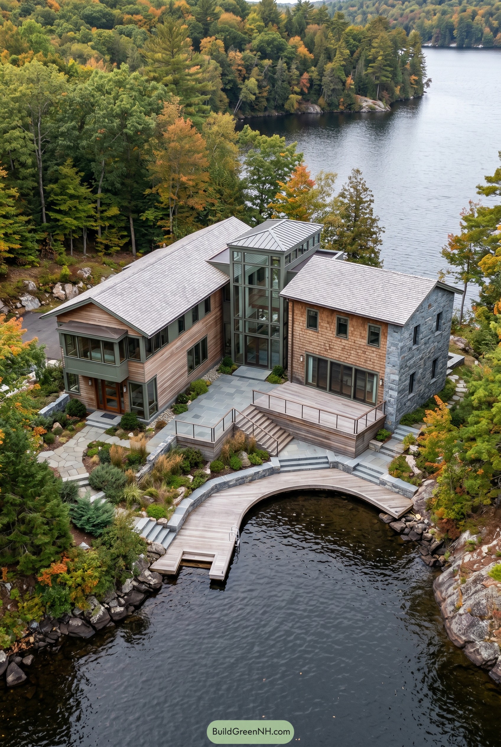 Modern craftsman lake house with glass atrium and curved dock