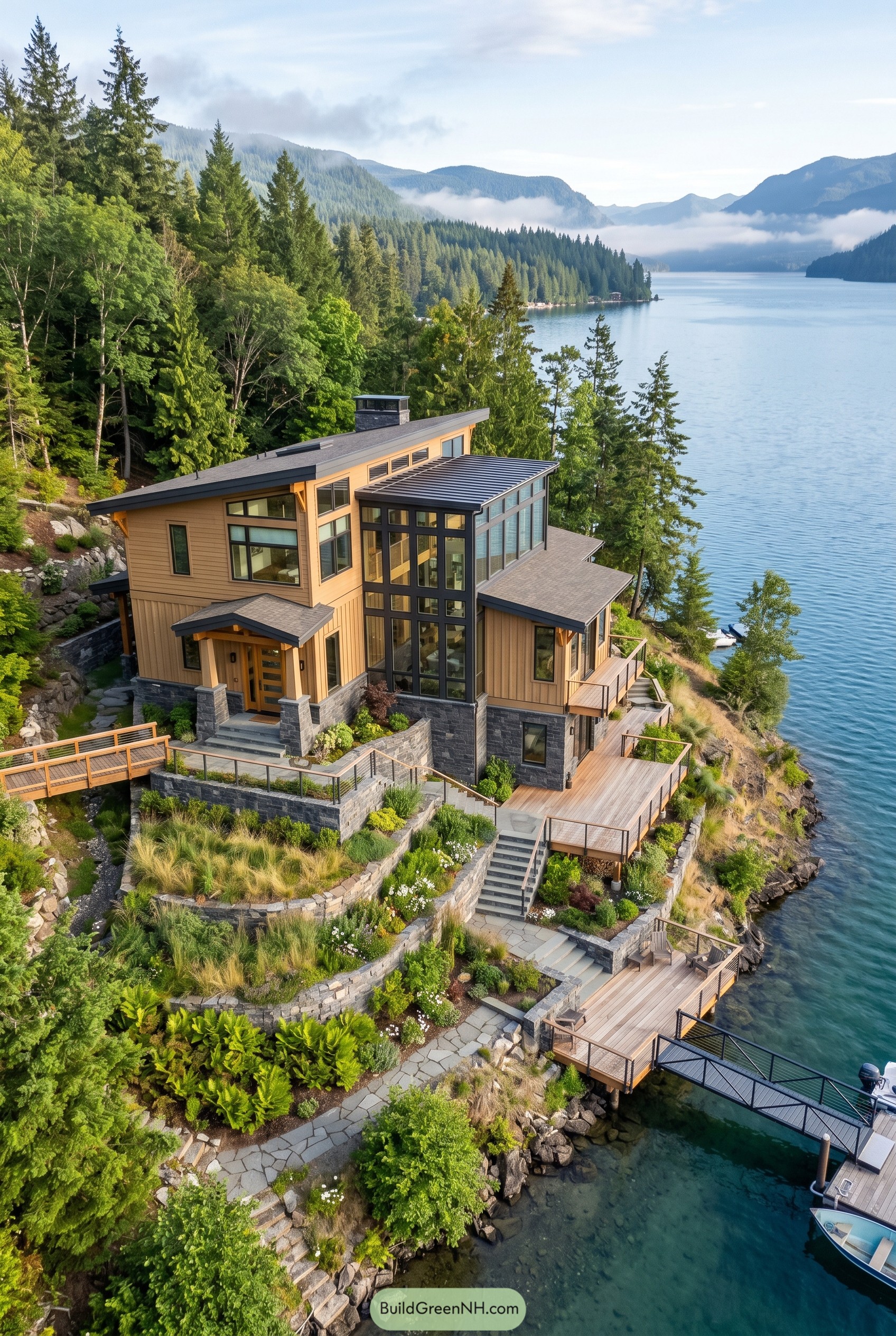 Modern craftsman lake house with glass atrium and terraced decks
