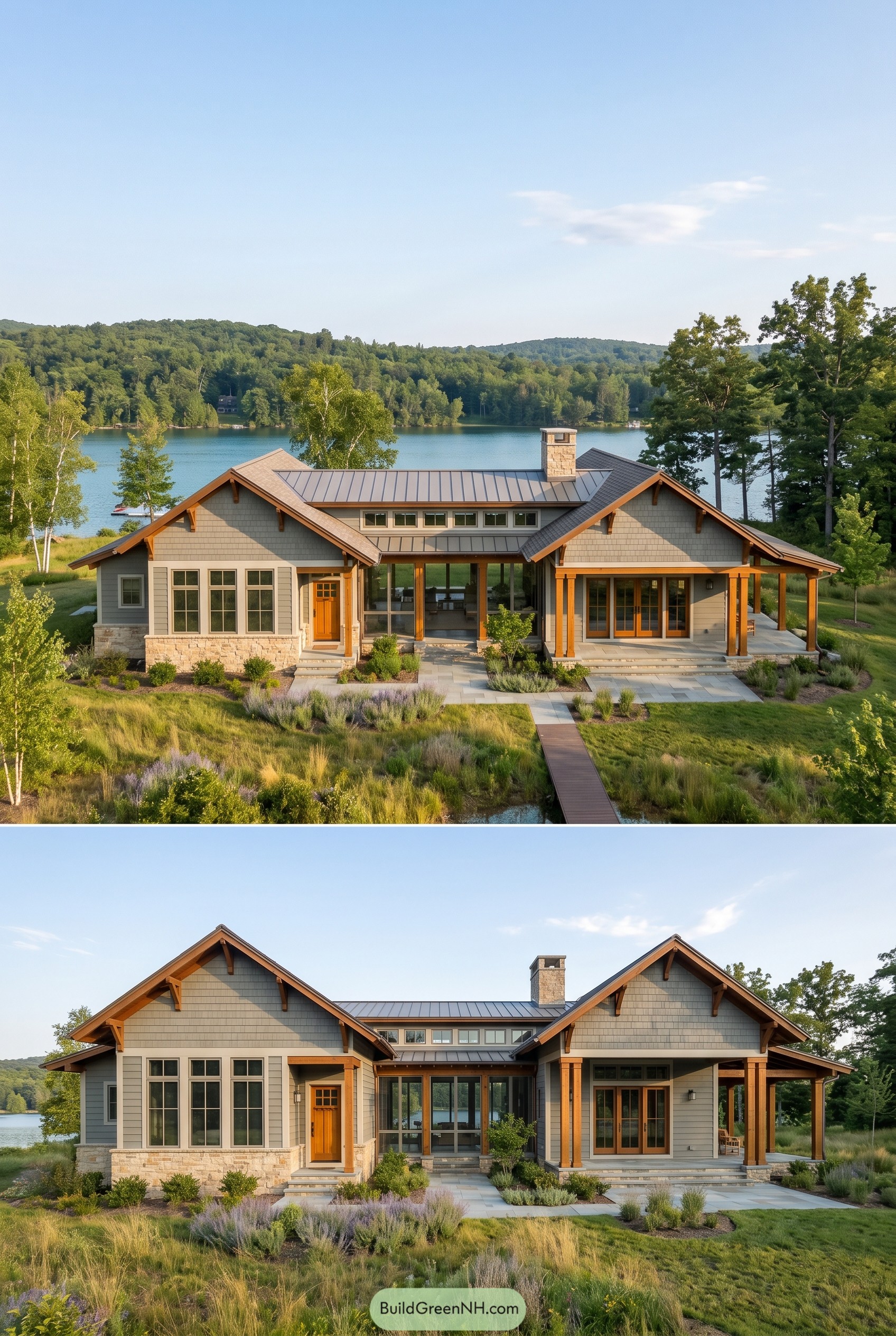 Modern craftsman lake house with central glass atrium