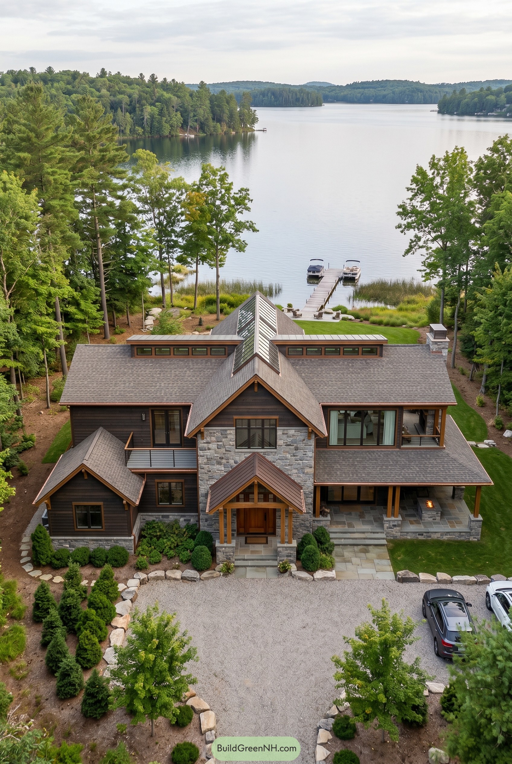 Aerial view of a modern craftsman lake house with a glazed roof monitor and dock