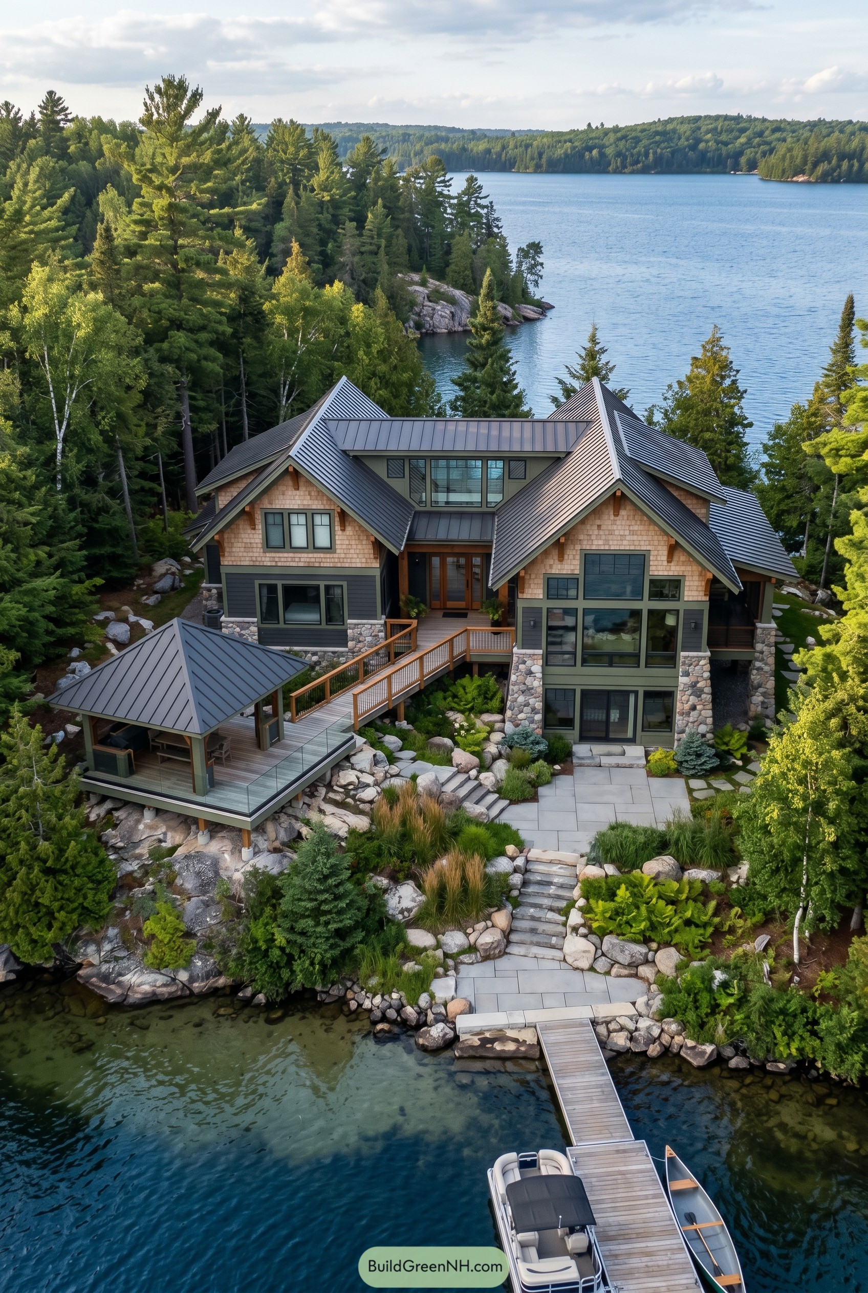 Modern craftsman lake house with atrium and dock