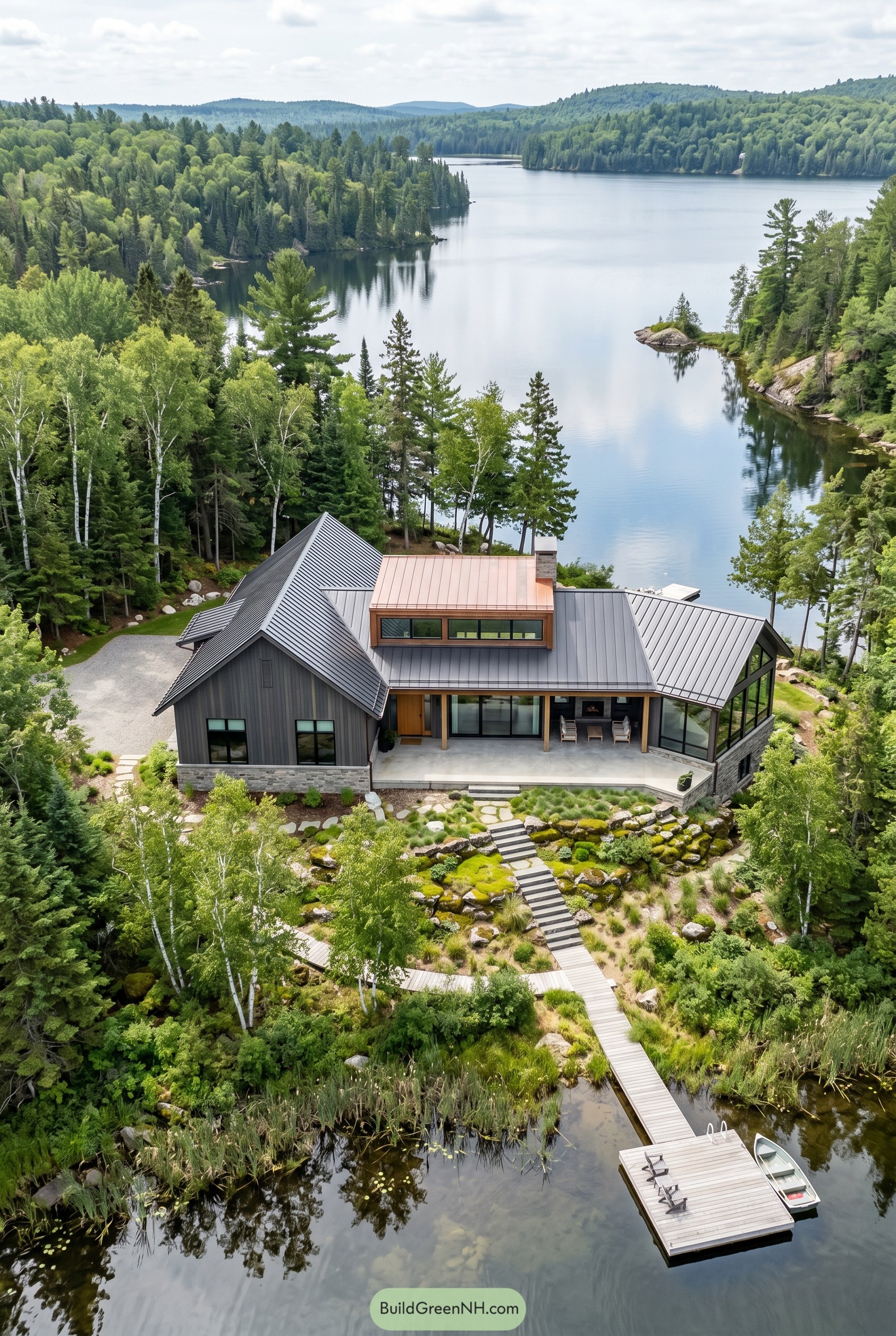 Aerial view of a modern lakeside craftsman house with dock