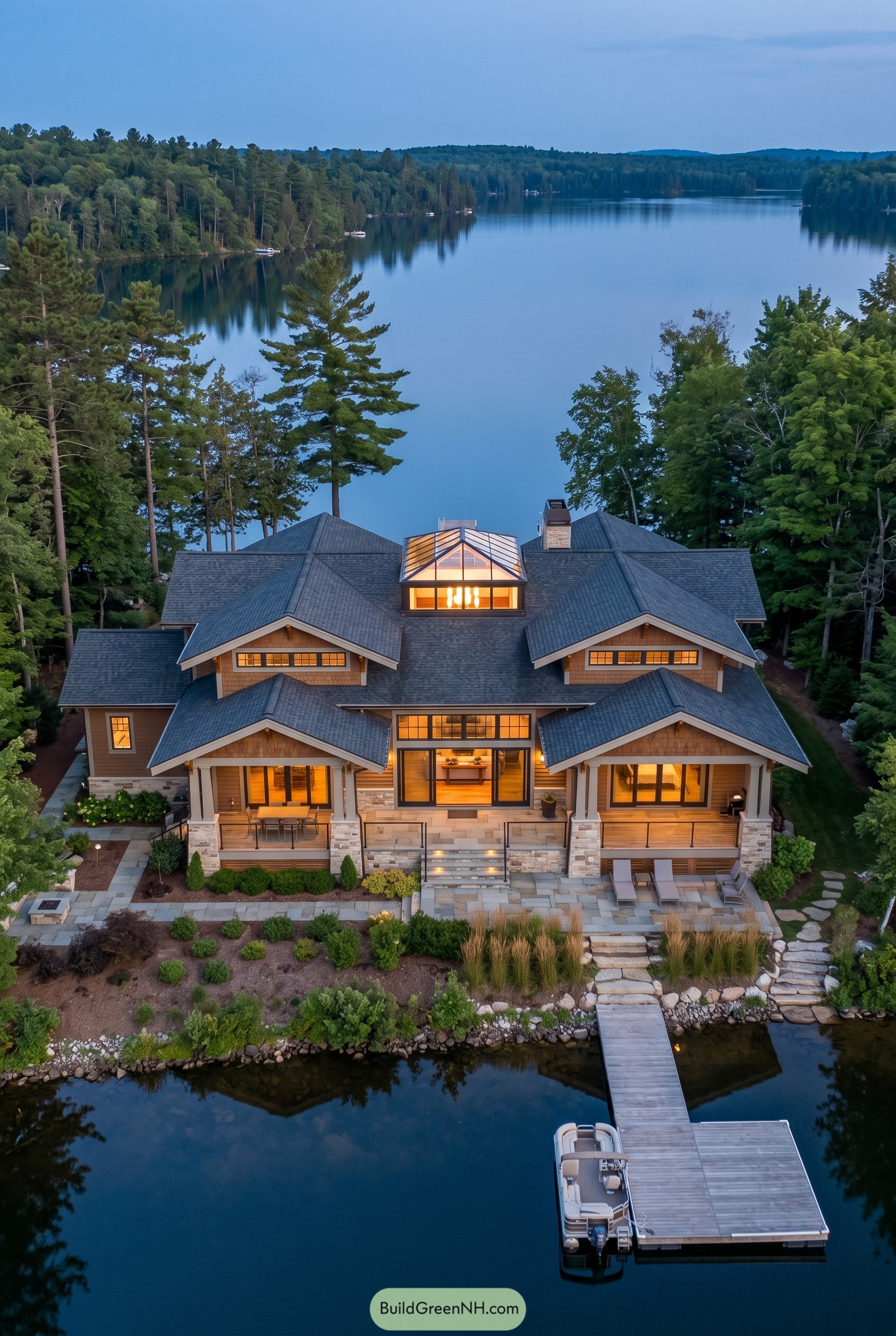 Aerial view of craftsman lake house with glass atrium and dock