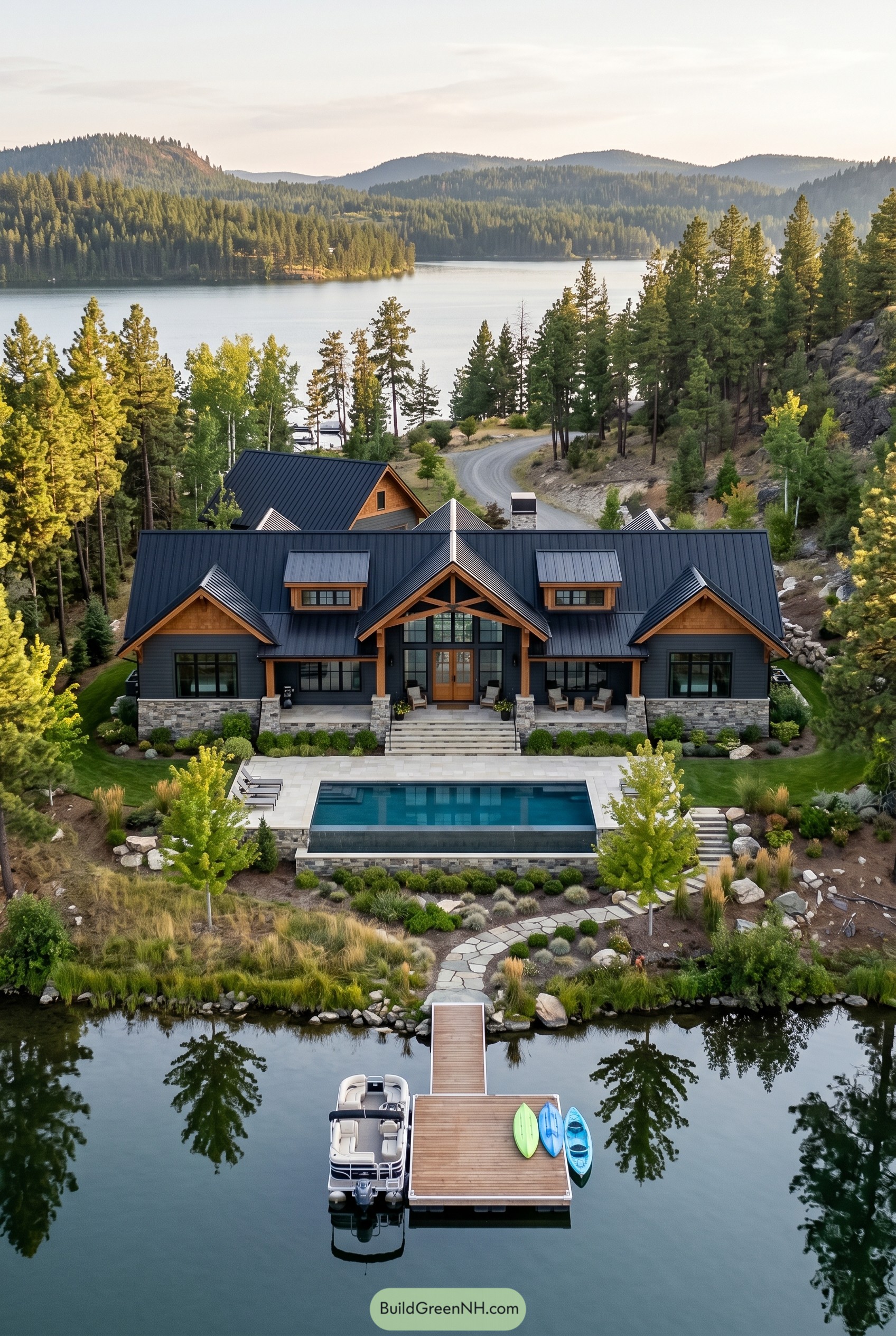 Modern craftsman lake house with pool and dock