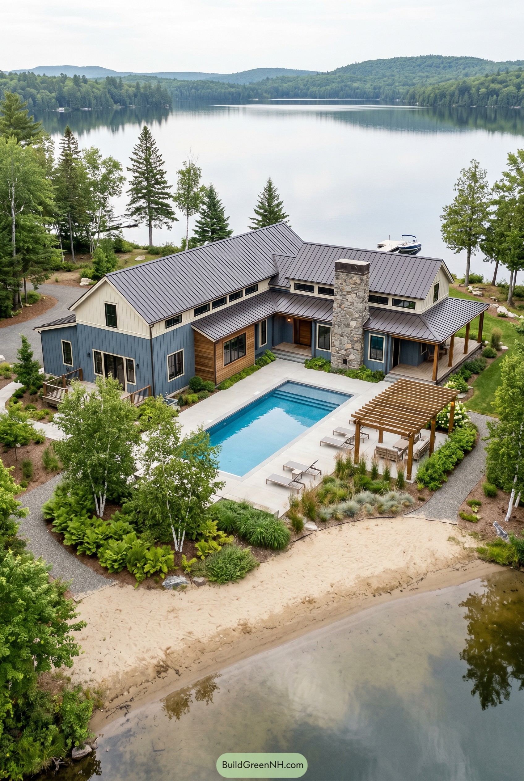 Blue craftsman lake house with pool