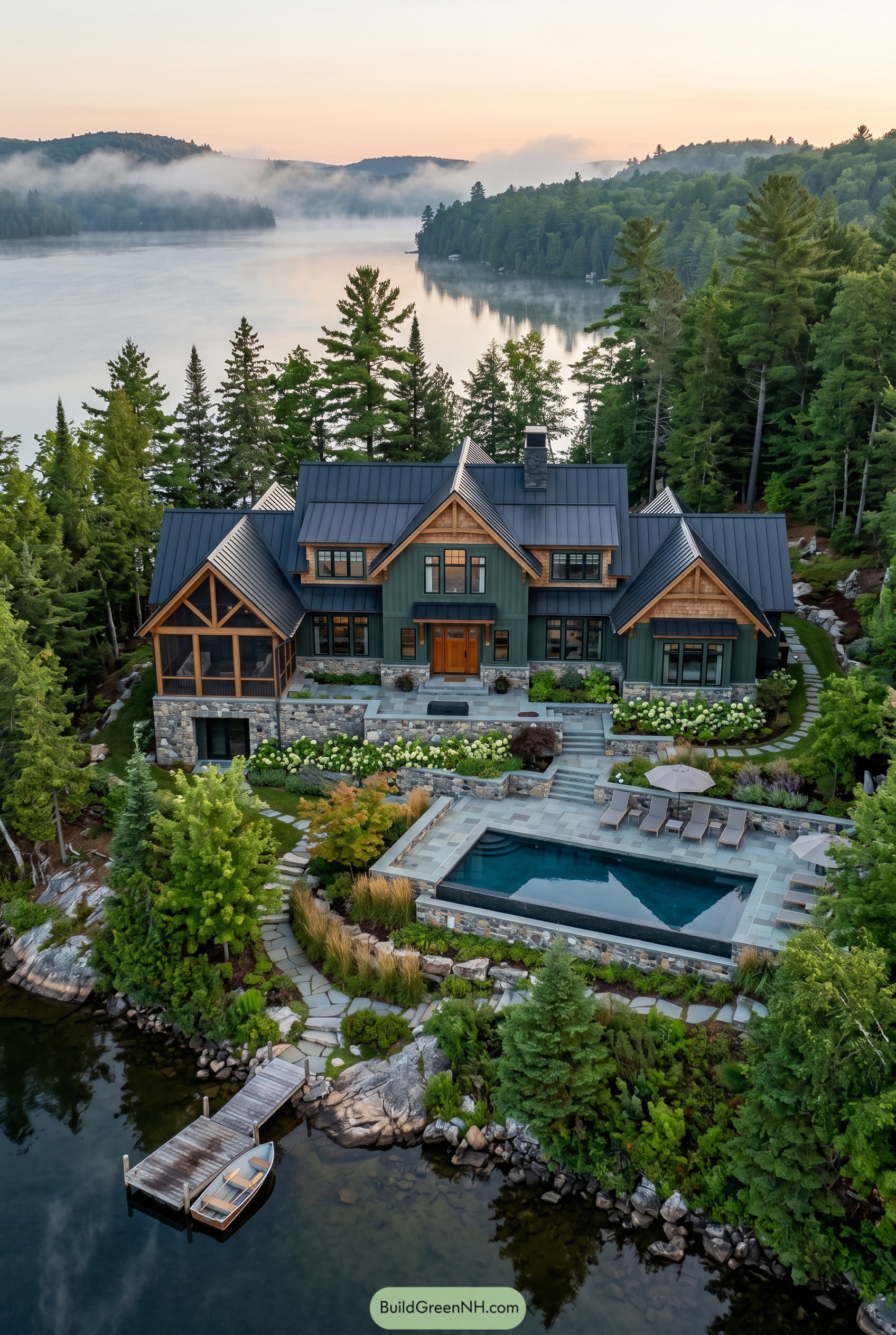 Craftsman lake house with pool and dock