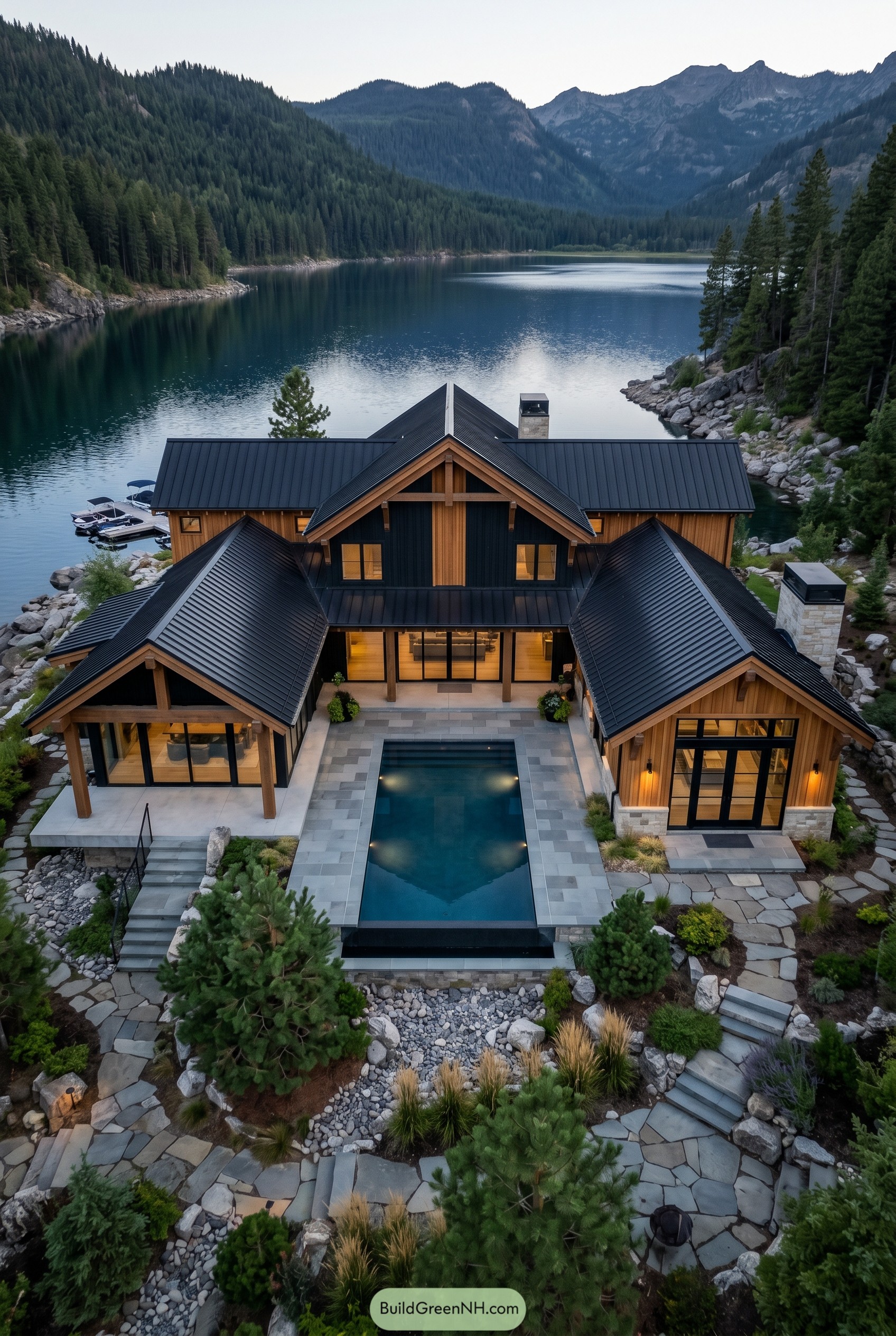 Modern craftsman lake house with courtyard pool