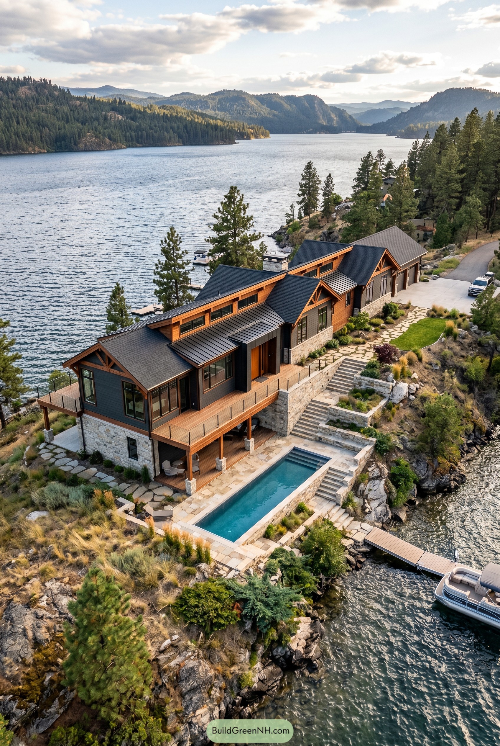 Cliffside craftsman lake house with lap pool