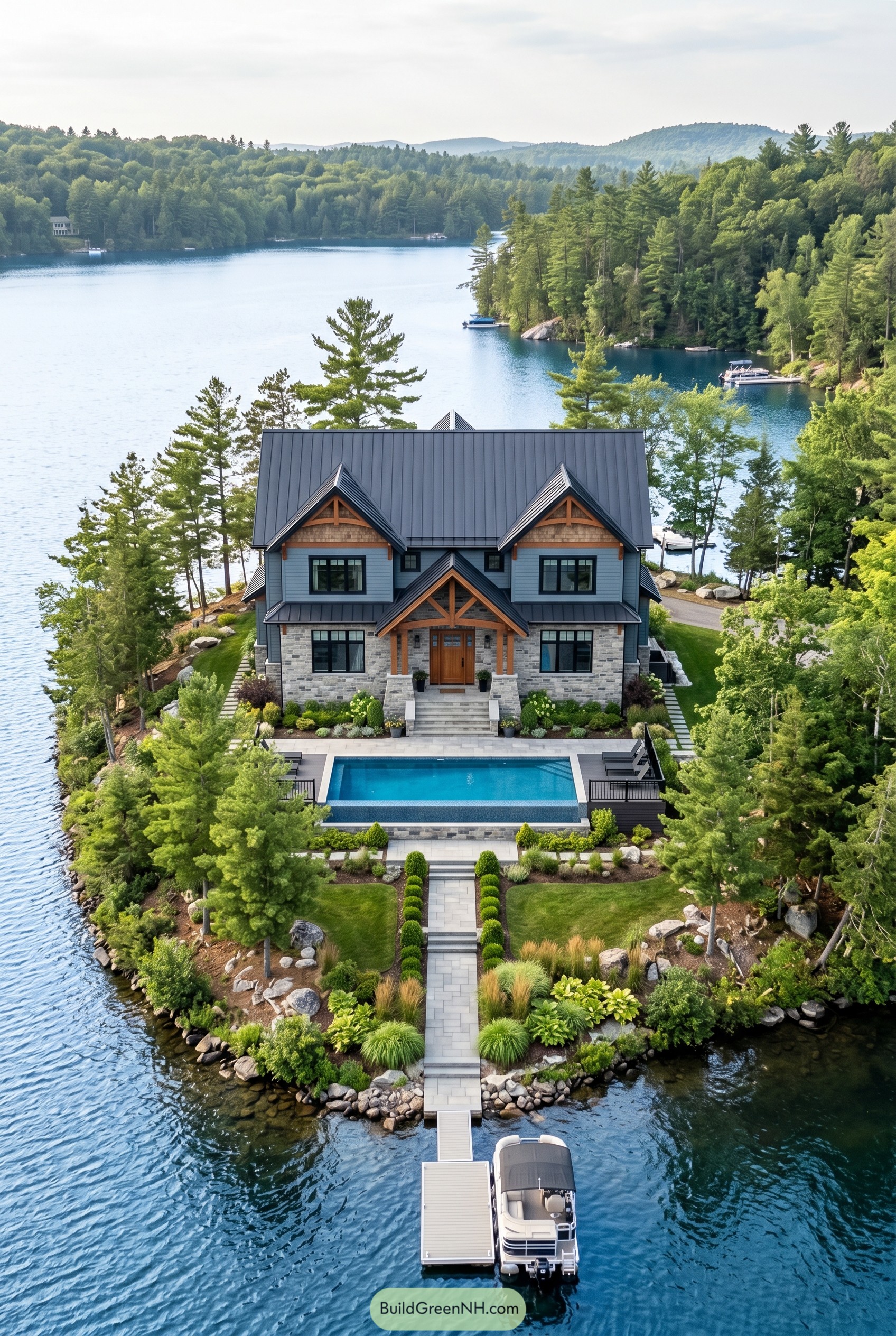 Craftsman lake house with pool and dock on wooded point