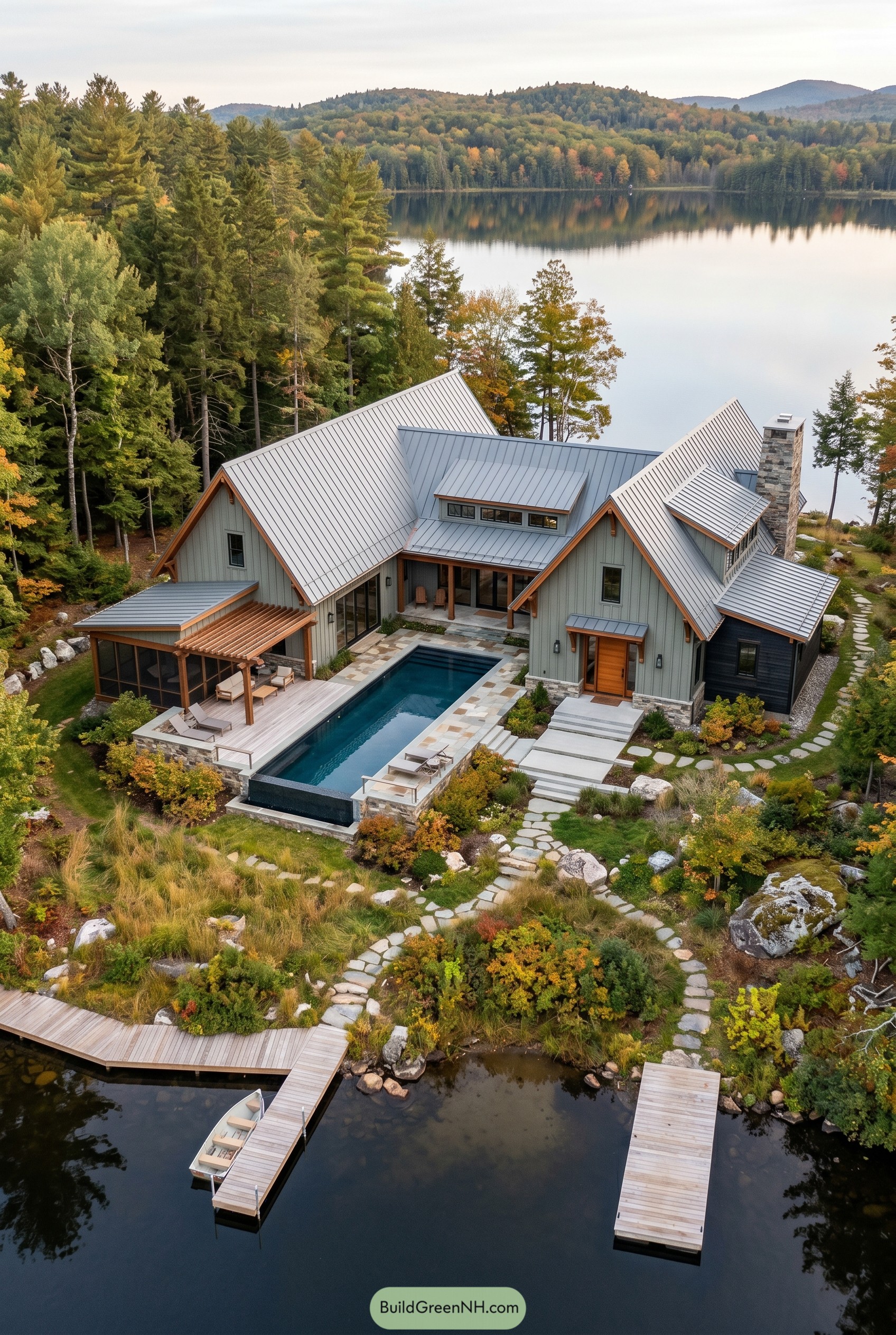 Modern craftsman lake house with pool and docks
