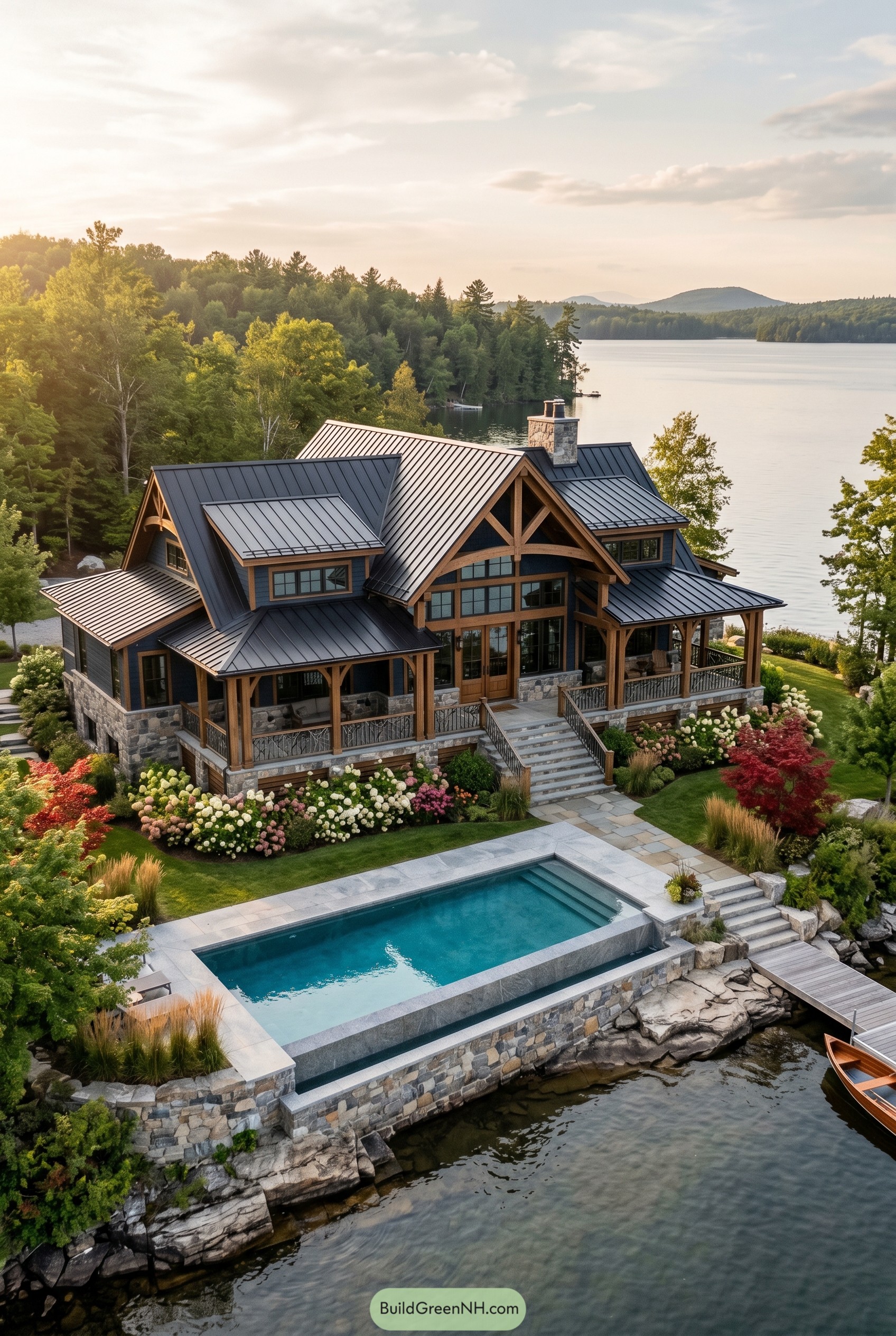 Craftsman lake house with pool and dock