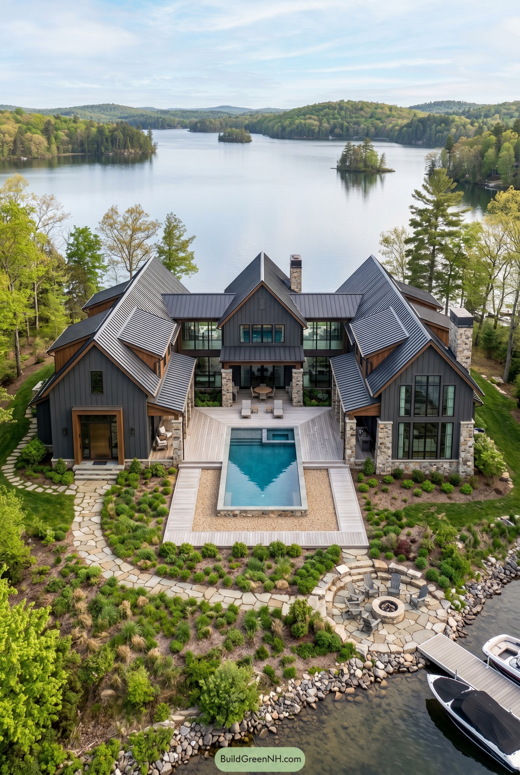 Modern craftsman lake house with lap pool