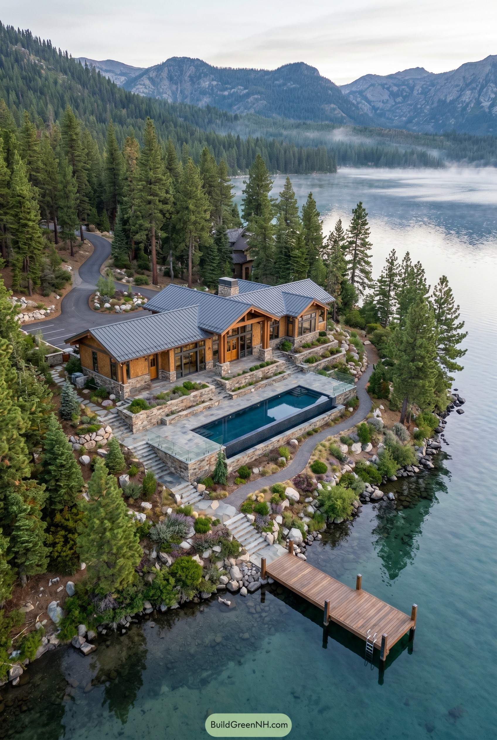 Modern craftsman lake house with pool and dock