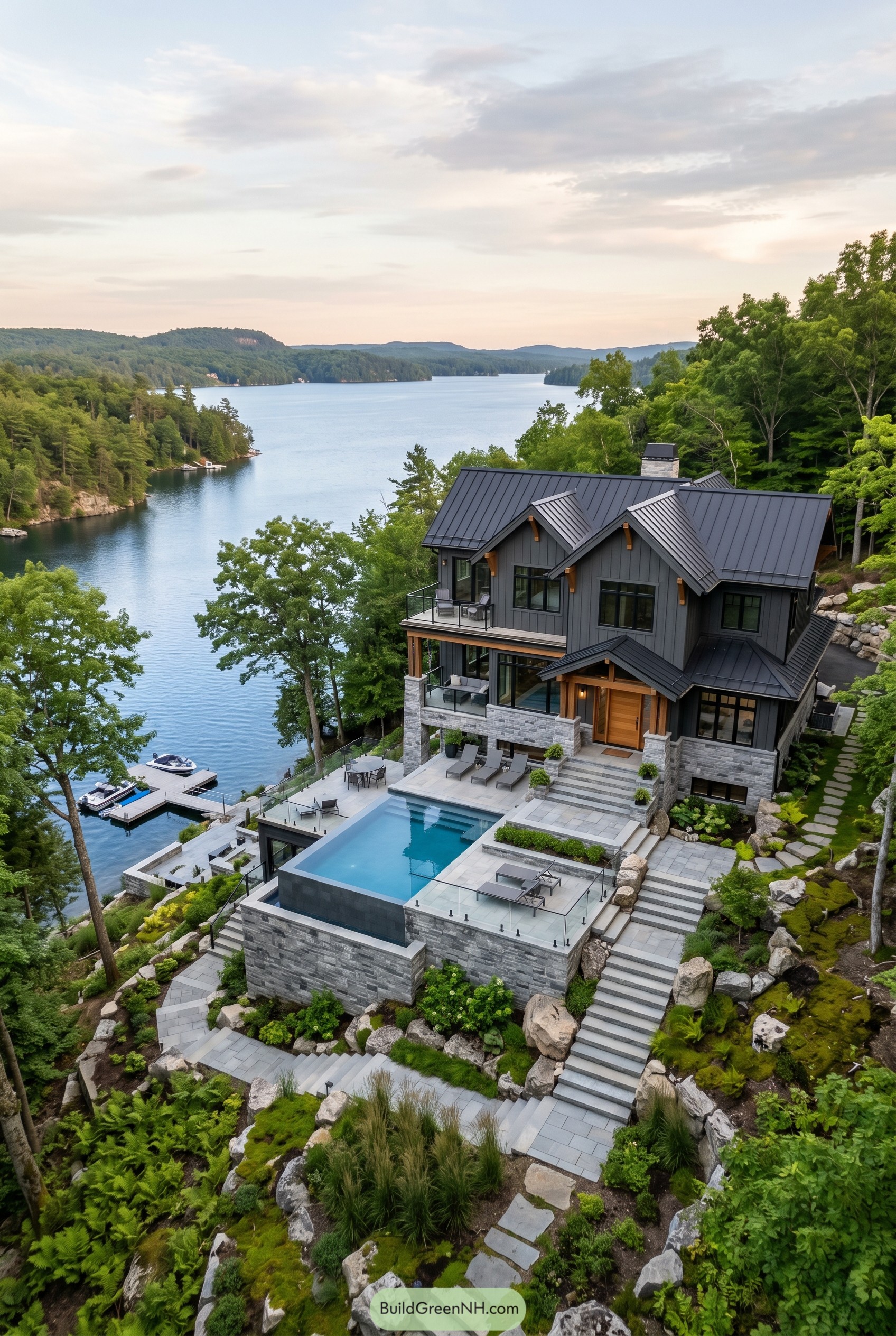 Modern craftsman lake house with infinity pool