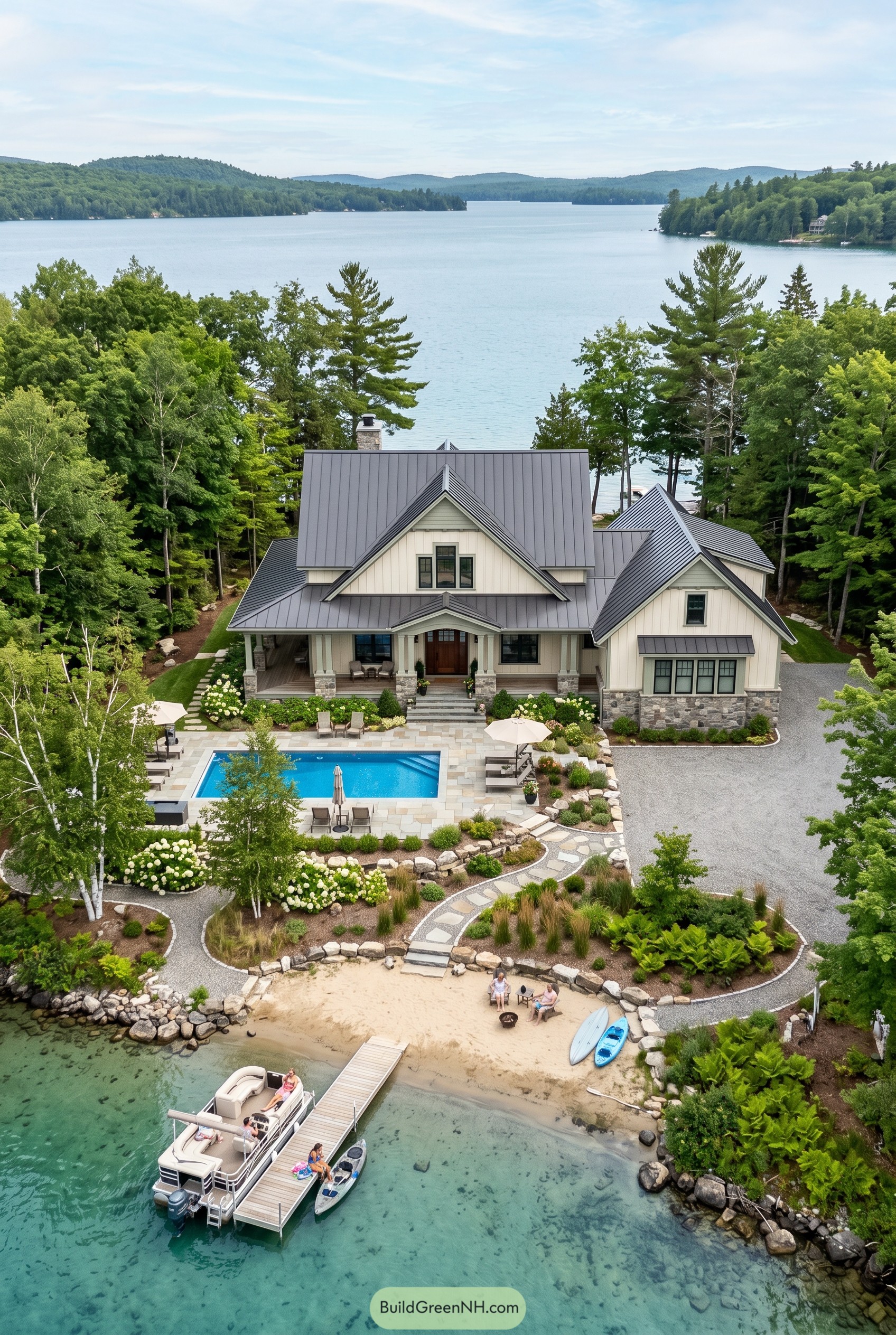 Aerial view of craftsman lake house with pool and dock