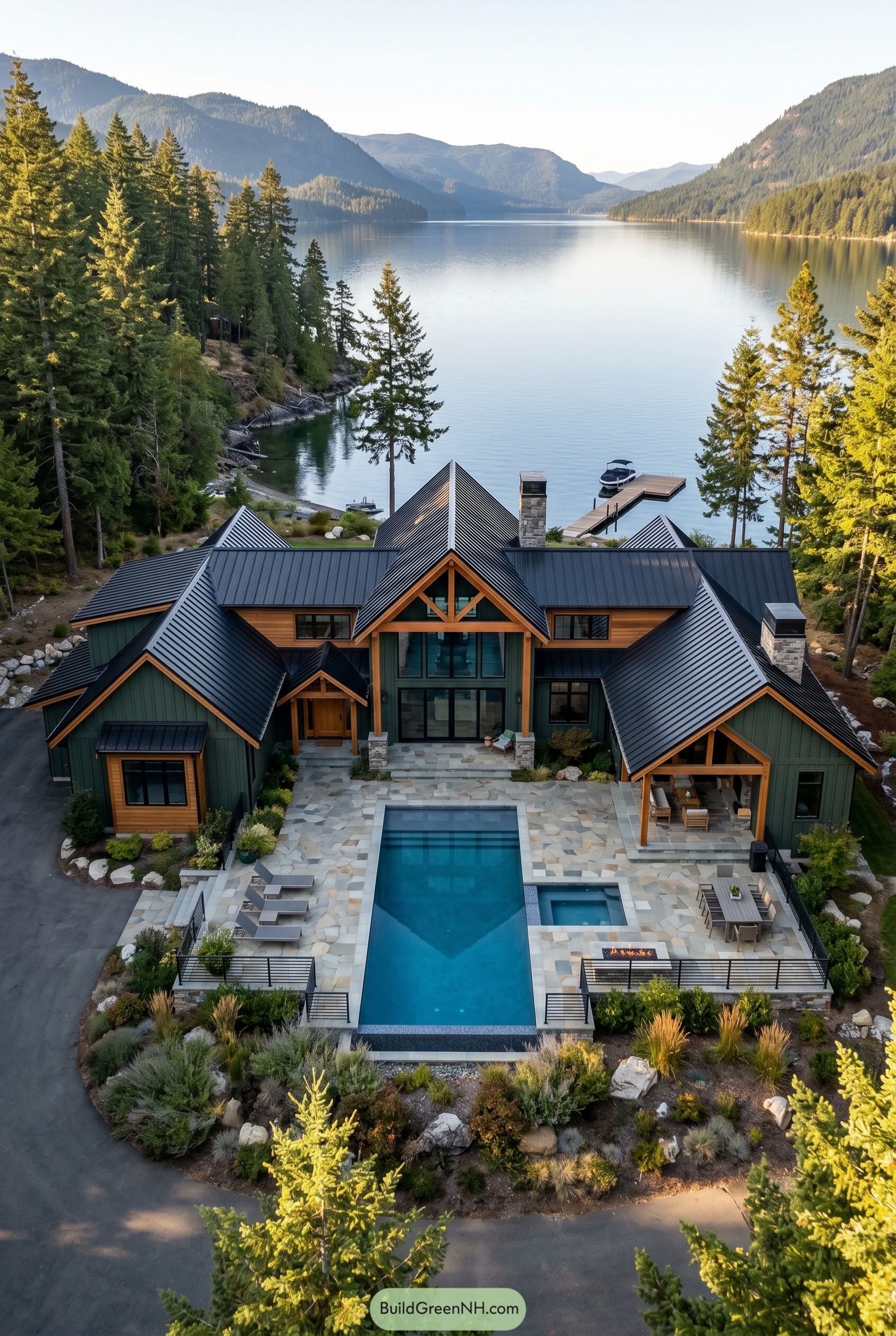 Modern craftsman lake house with pool dock and mountain lake view